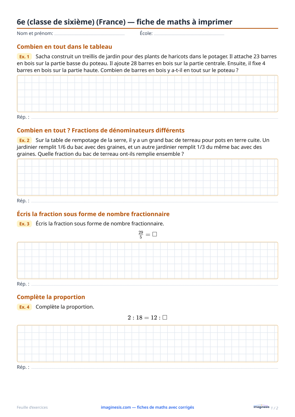 6e (classe de sixième) (France) — fiche de maths à imprimer — Fiche élève : fiche de maths à imprimer (6e (classe de sixième), France)