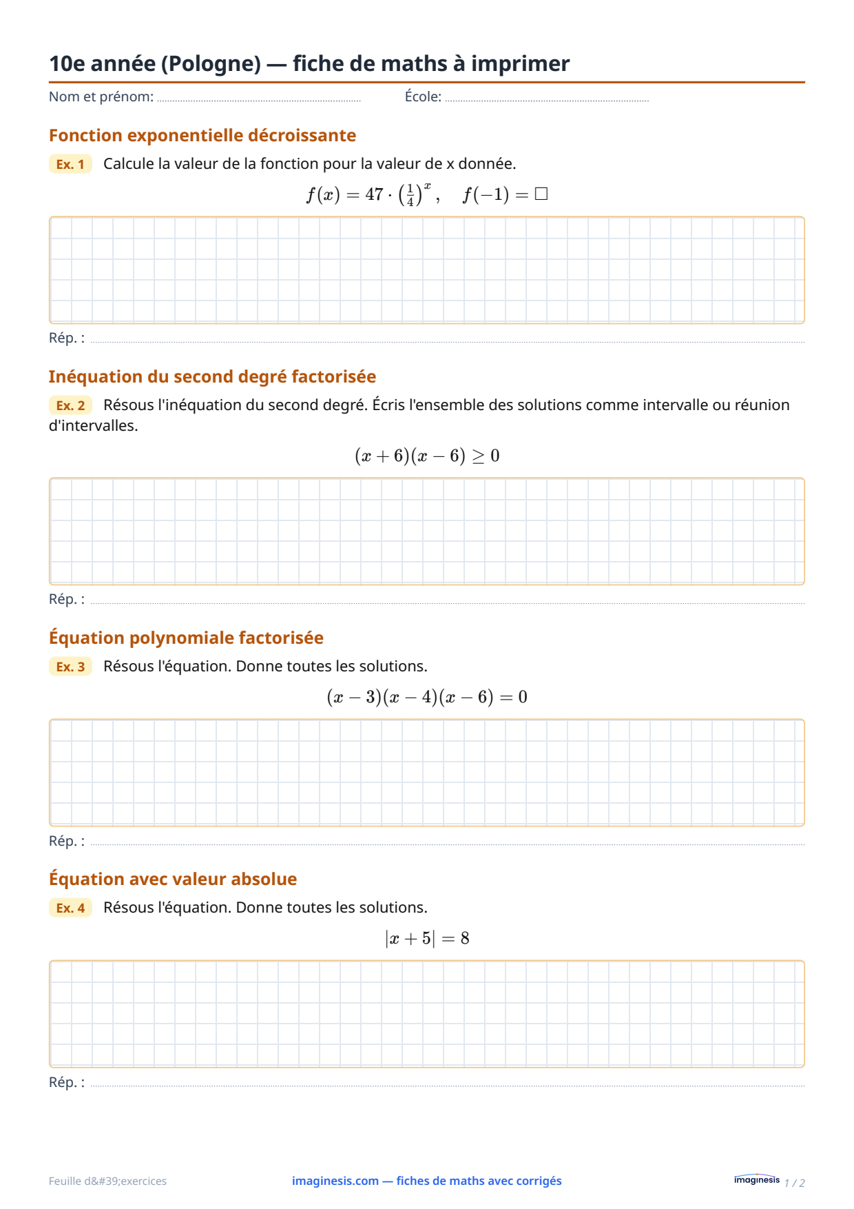 2e année de lycée (Pologne) — fiche de maths à imprimer — Fiche élève : fiche de maths à imprimer (2e année de lycée, Pologne)