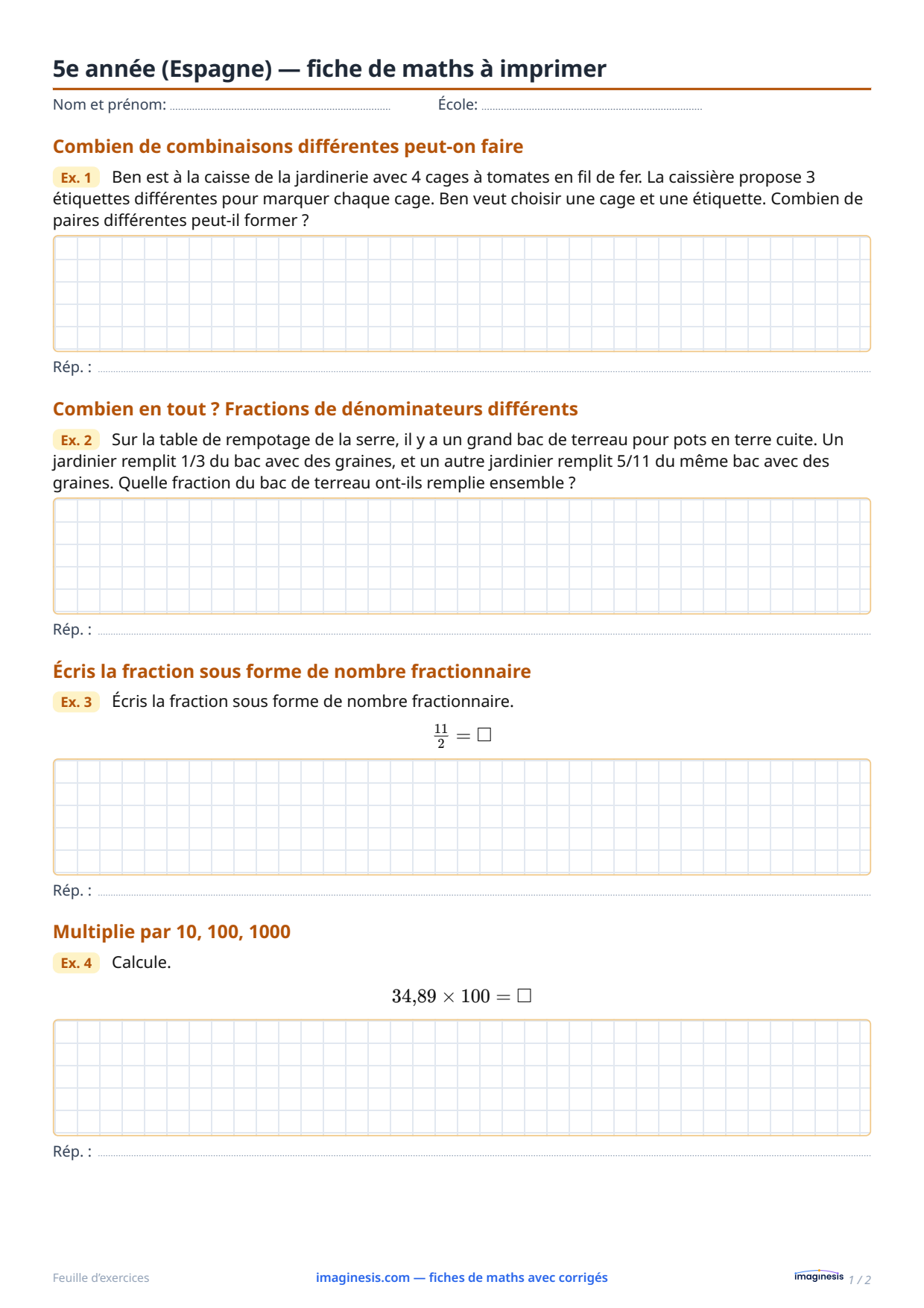 5e année (Espagne) — fiche de maths à imprimer — Fiche élève : fiche de maths à imprimer (5e année, Espagne)
