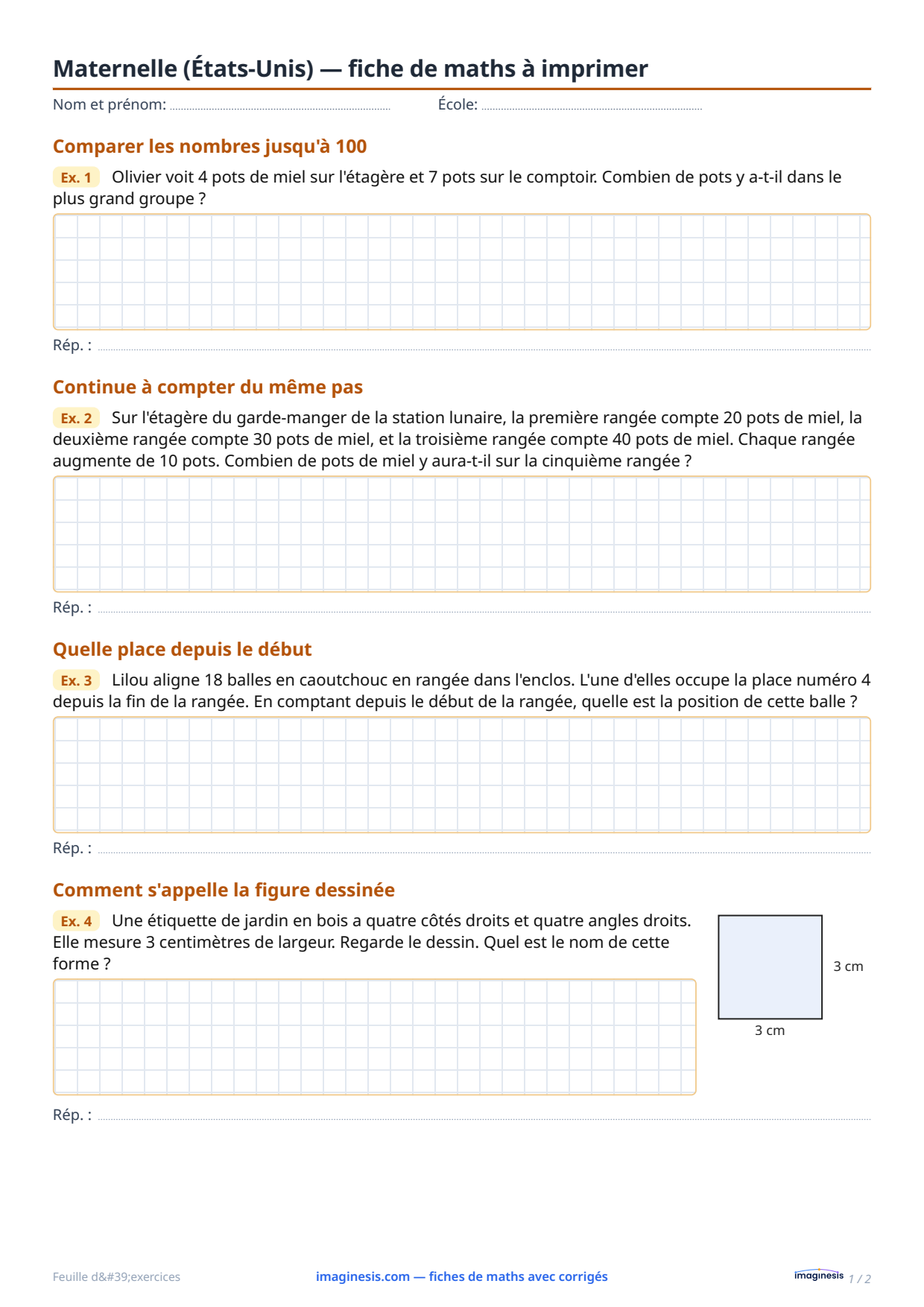 Maternelle (États-Unis) — fiche de maths à imprimer — Fiche élève : fiche de maths à imprimer (Maternelle, États-Unis)