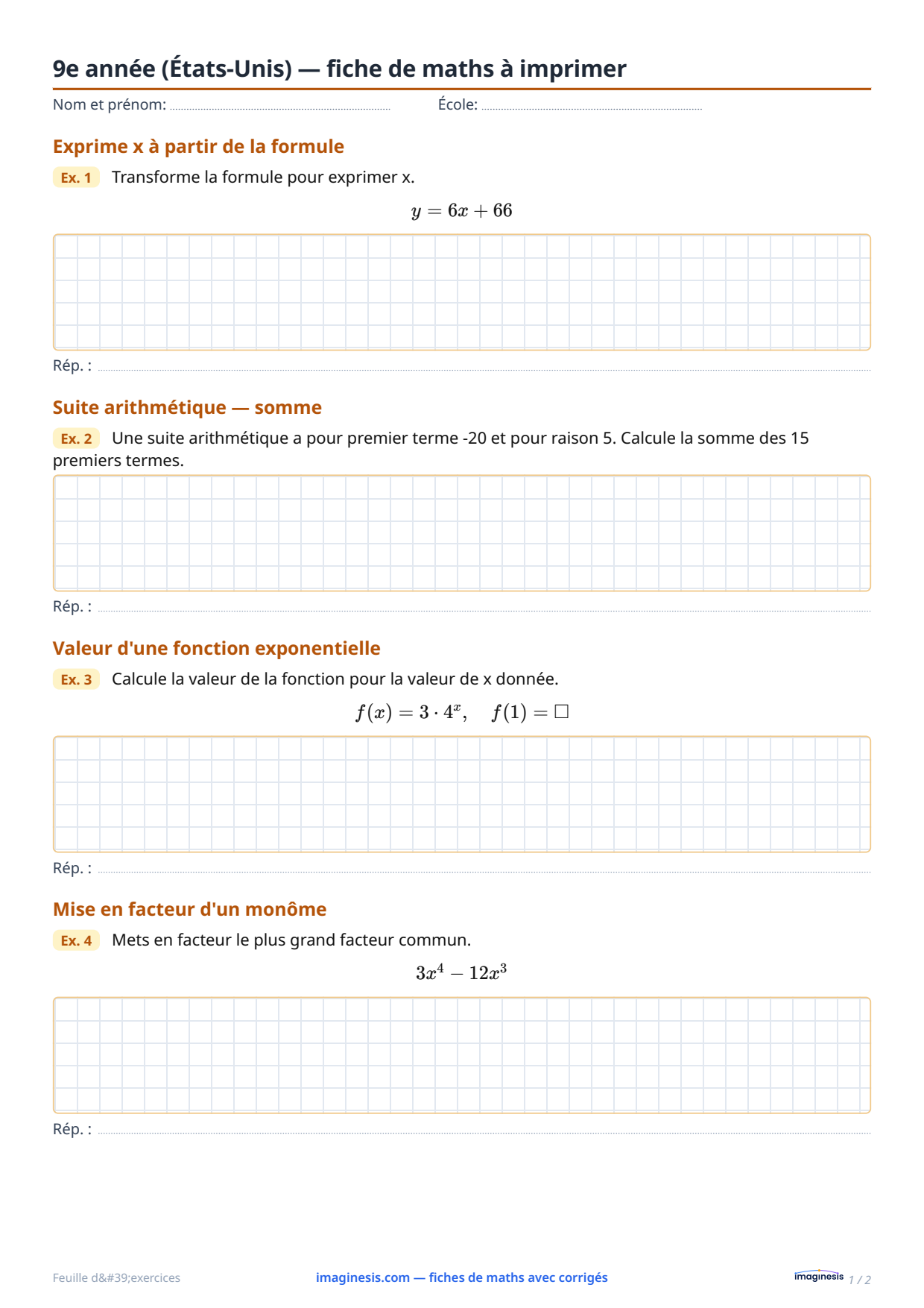 9e année (États-Unis) — fiche de maths à imprimer — Fiche élève : fiche de maths à imprimer (9e année, États-Unis)