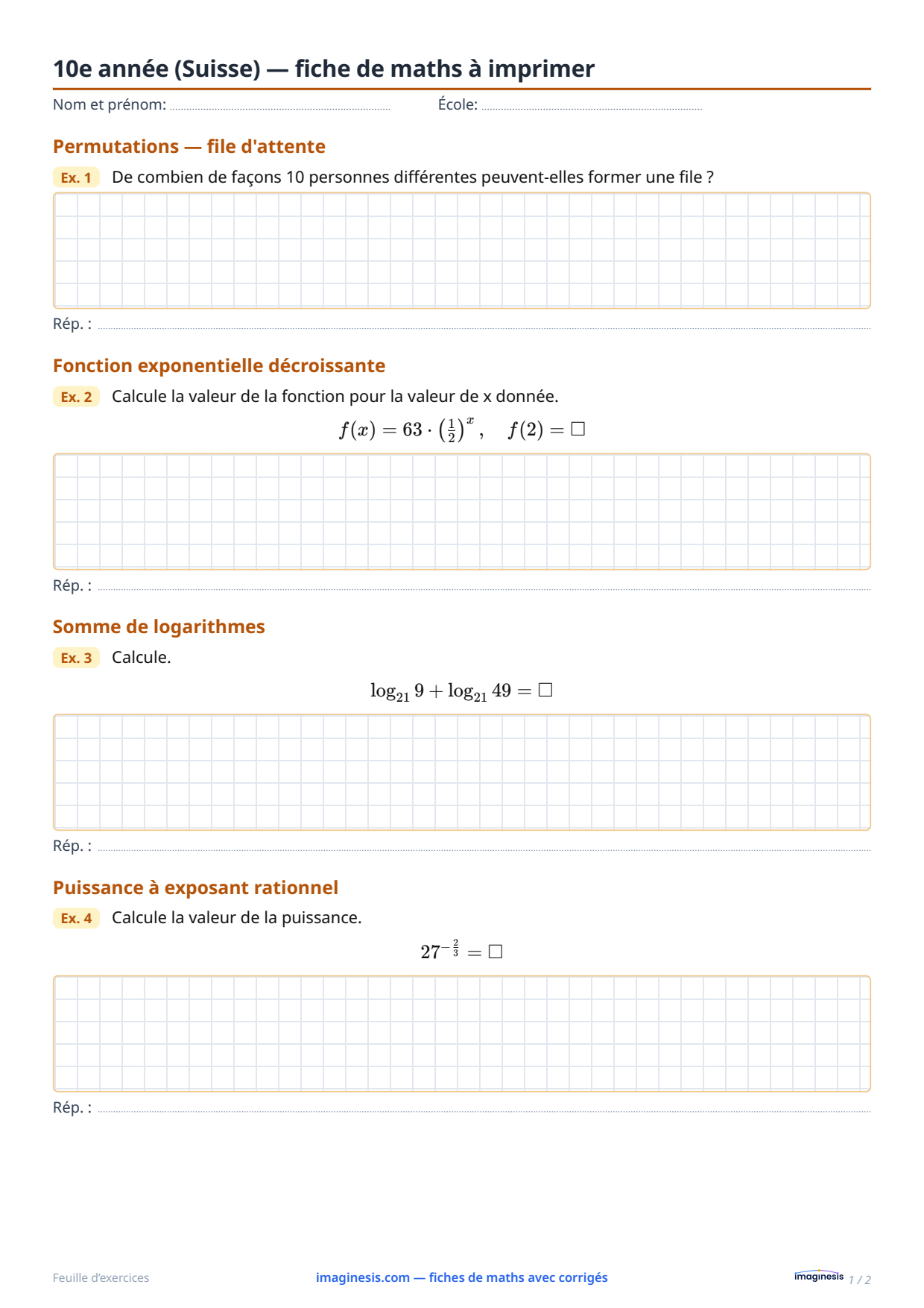 10e année (Suisse) — fiche de maths à imprimer — Fiche élève : fiche de maths à imprimer (10e année, Suisse)