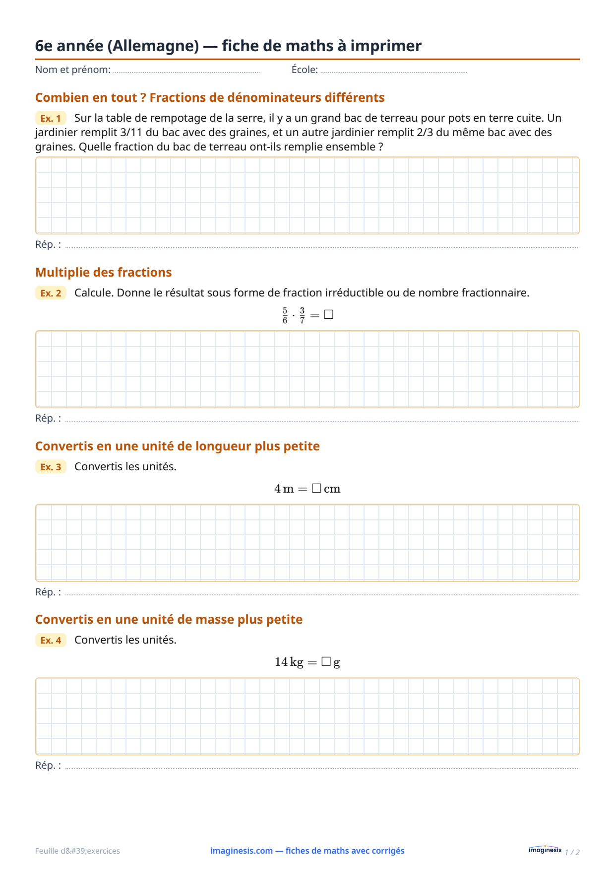 6e année (Allemagne) — fiche de maths à imprimer — Fiche élève : fiche de maths à imprimer (6e année, Allemagne)