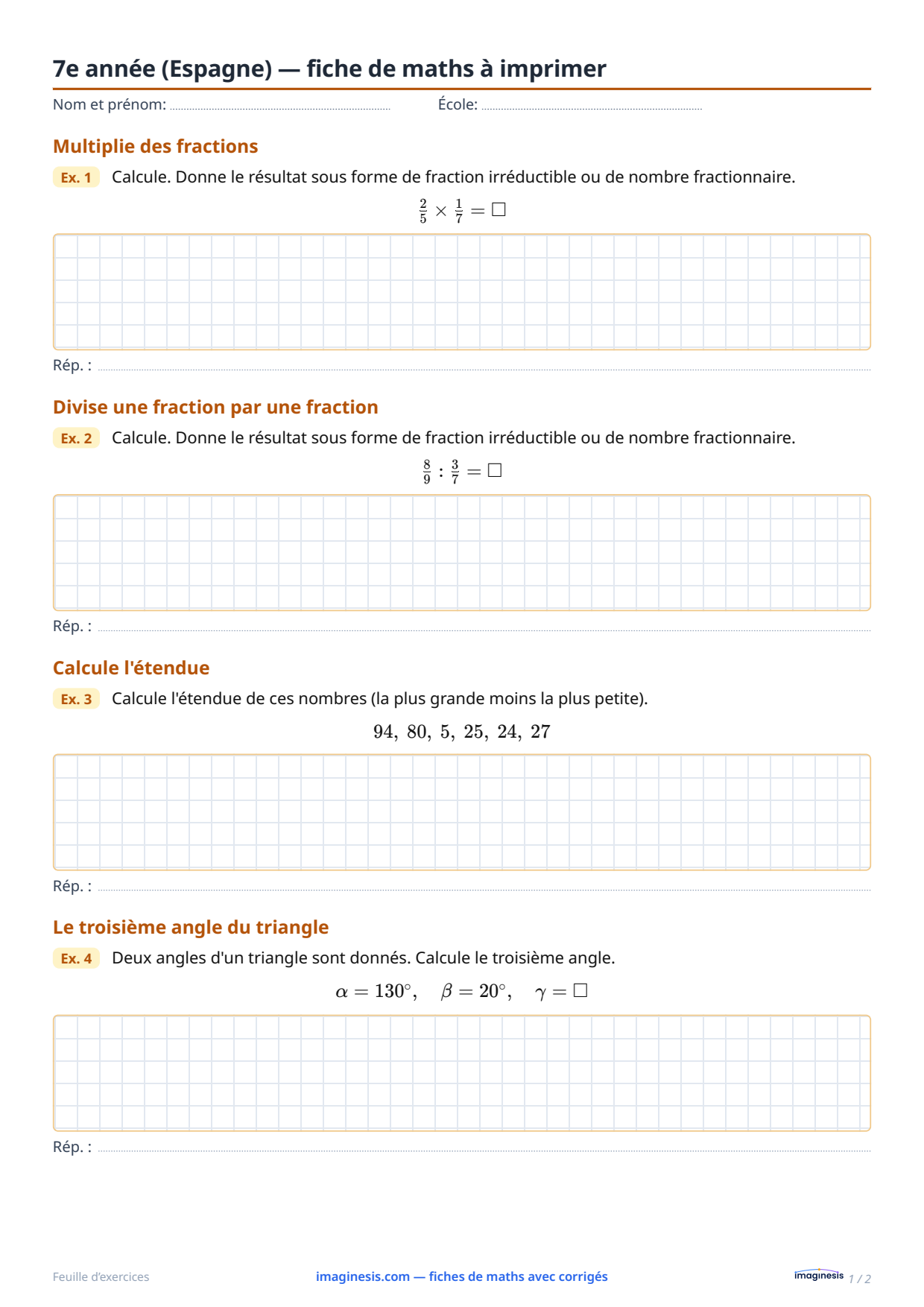 7e année (Espagne) — fiche de maths à imprimer — Fiche élève : fiche de maths à imprimer (7e année, Espagne)