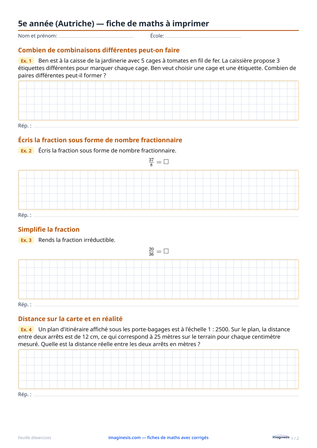 5e année (Autriche) — fiche de maths à imprimer — Fiche élève : fiche de maths à imprimer (5e année, Autriche)