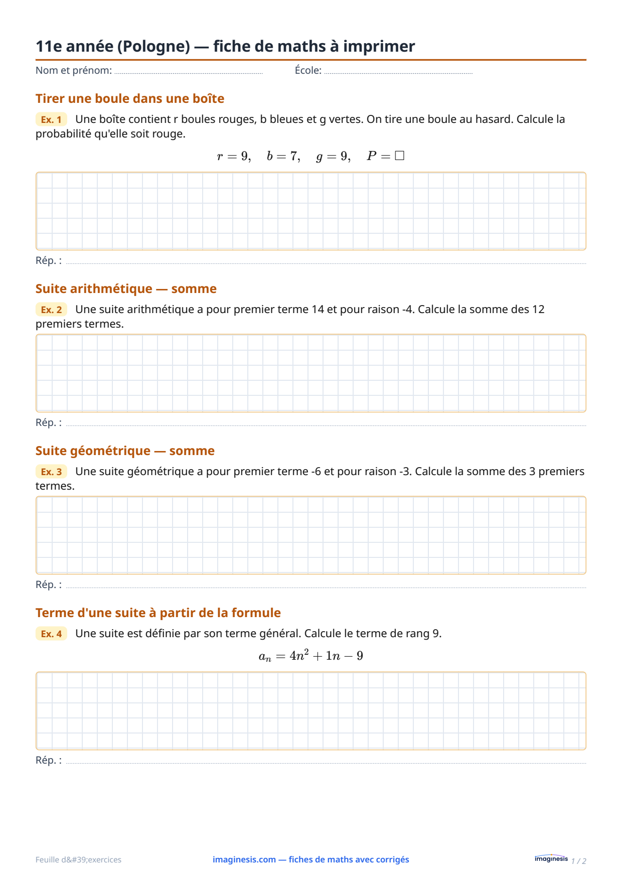 3e année de lycée (Pologne) — fiche de maths à imprimer — Fiche élève : fiche de maths à imprimer (3e année de lycée, Pologne)