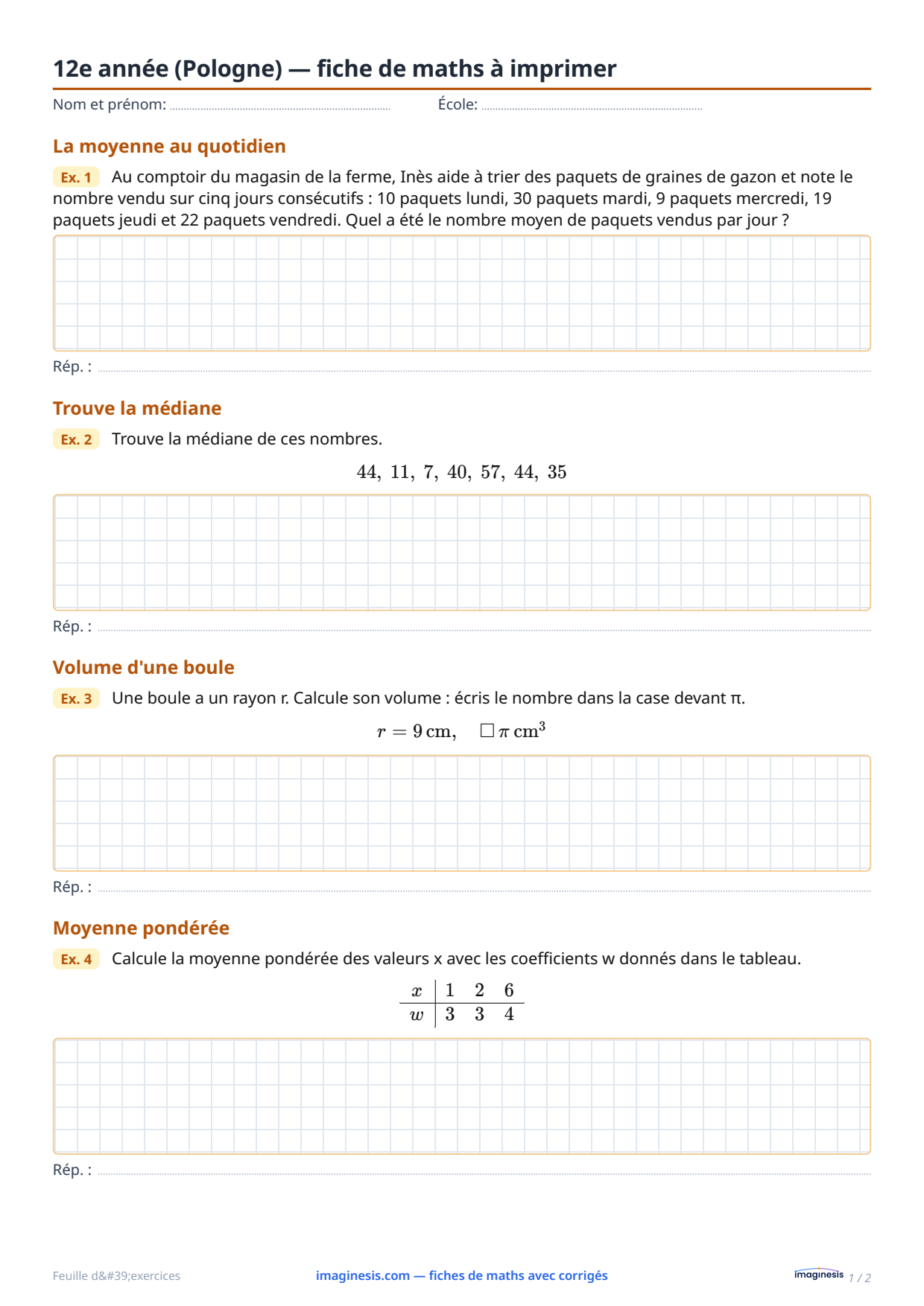4e année de lycée (Pologne) — fiche de maths à imprimer — Fiche élève : fiche de maths à imprimer (4e année de lycée, Pologne)