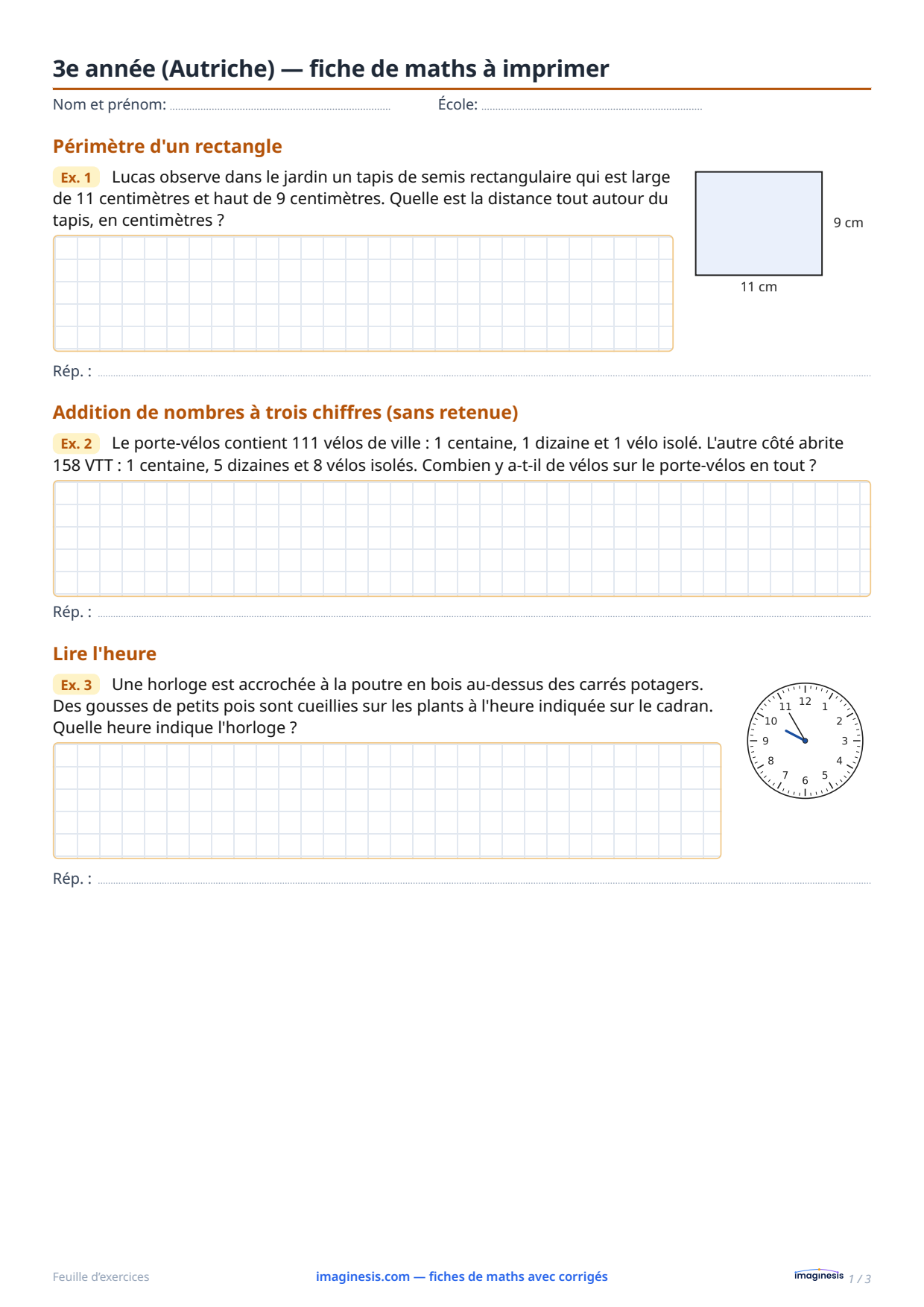 3e année (Autriche) — fiche de maths à imprimer — Fiche élève : fiche de maths à imprimer (3e année, Autriche)