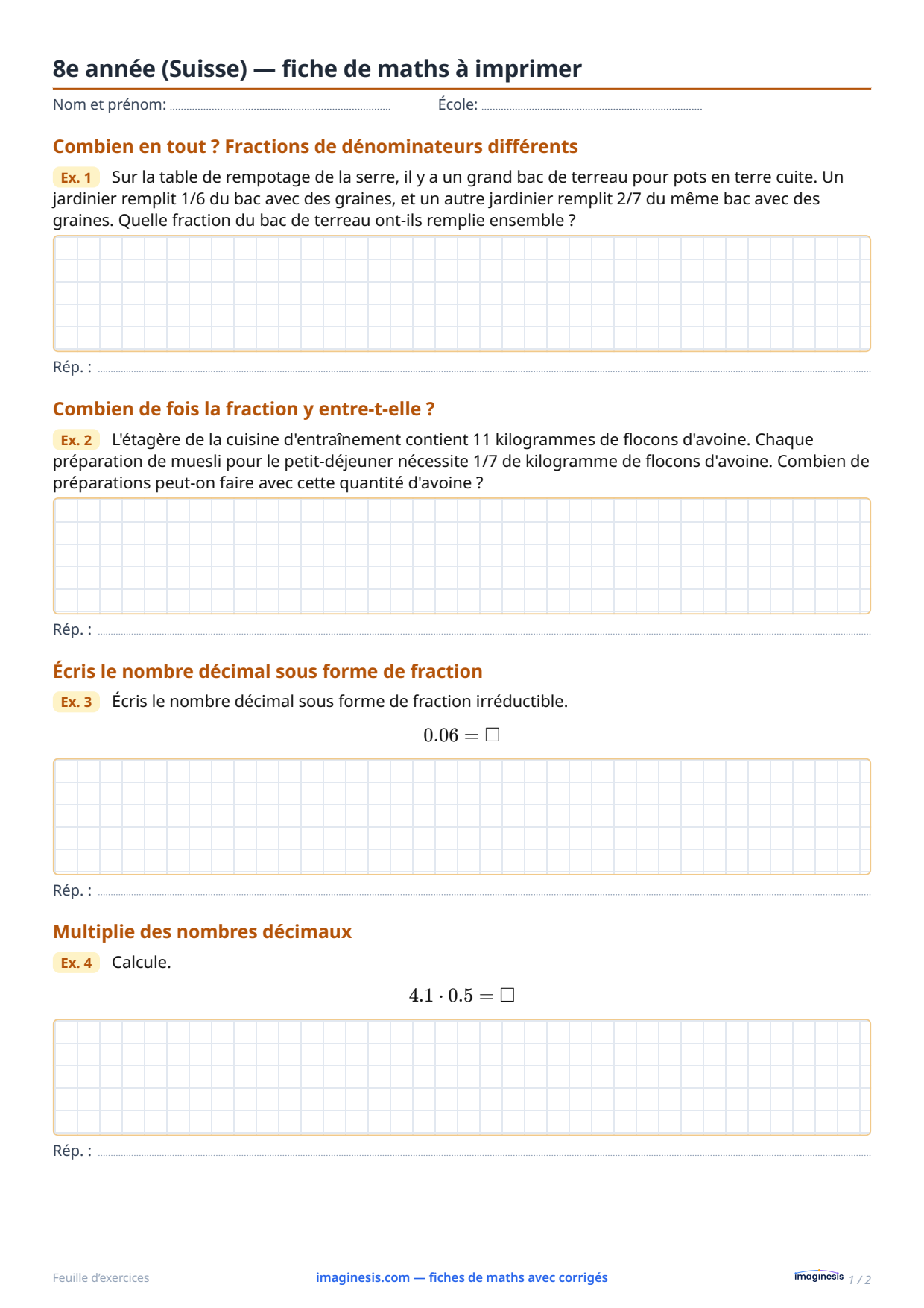 8e année (Suisse) — fiche de maths à imprimer — Fiche élève : fiche de maths à imprimer (8e année, Suisse)