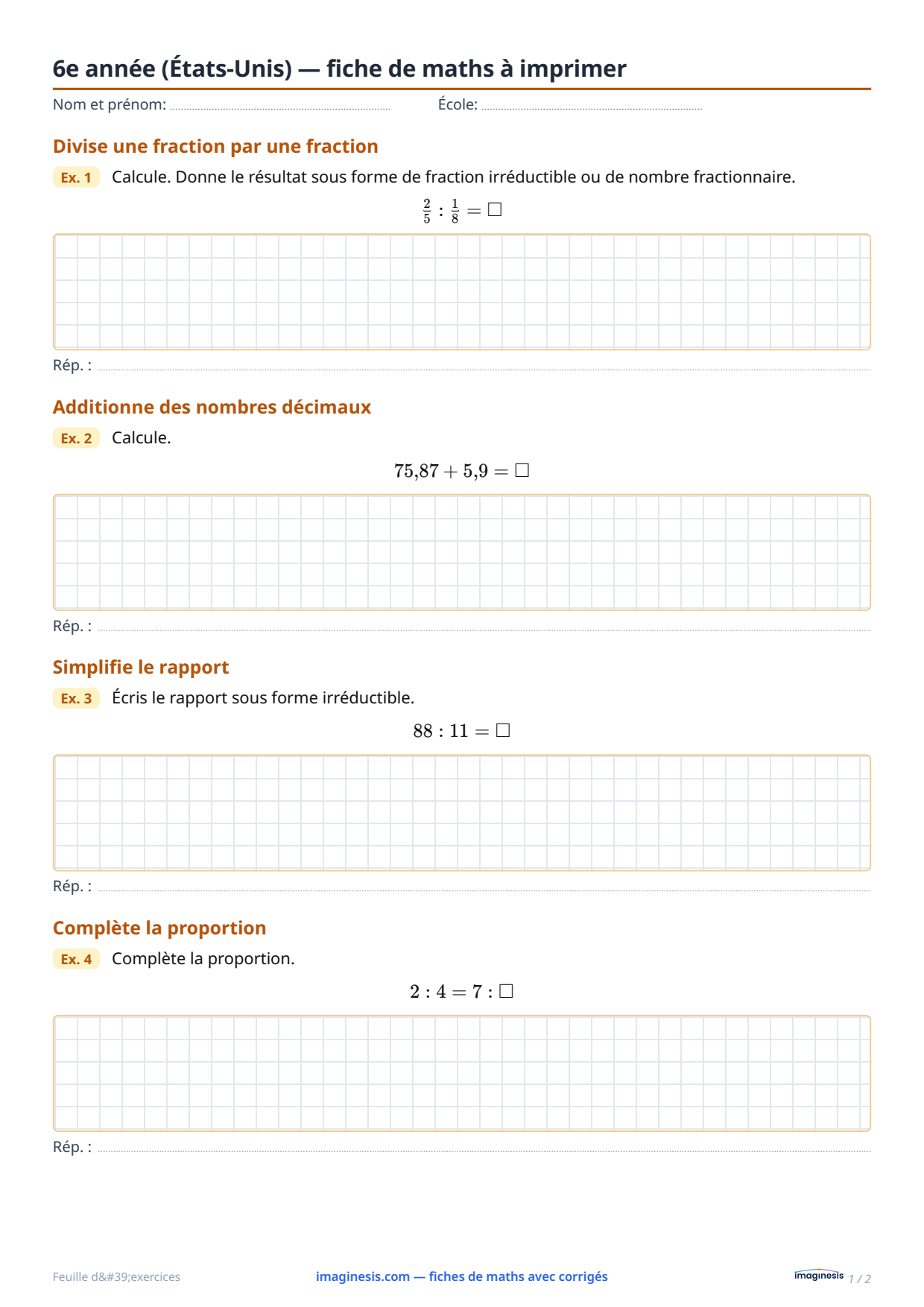 6e année (États-Unis) — fiche de maths à imprimer — Fiche élève : fiche de maths à imprimer (6e année, États-Unis)