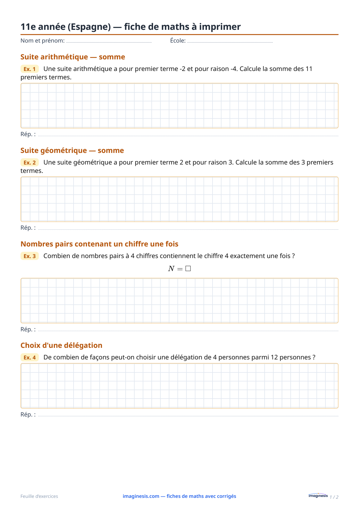 11e année (Espagne) — fiche de maths à imprimer — Fiche élève : fiche de maths à imprimer (11e année, Espagne)
