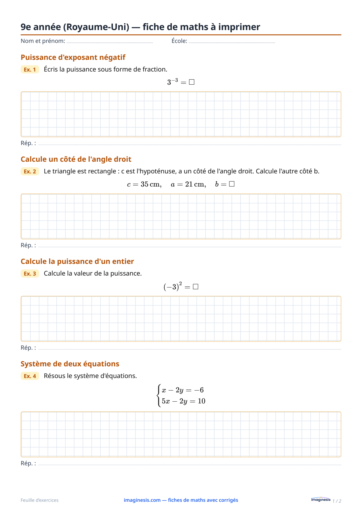 9e année (Royaume-Uni) — fiche de maths à imprimer — Fiche élève : fiche de maths à imprimer (9e année, Royaume-Uni)