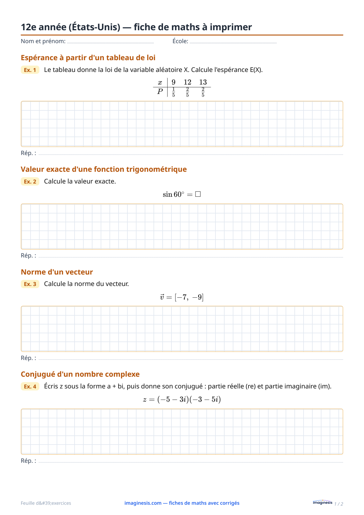 12e année (États-Unis) — fiche de maths à imprimer — Fiche élève : fiche de maths à imprimer (12e année, États-Unis)