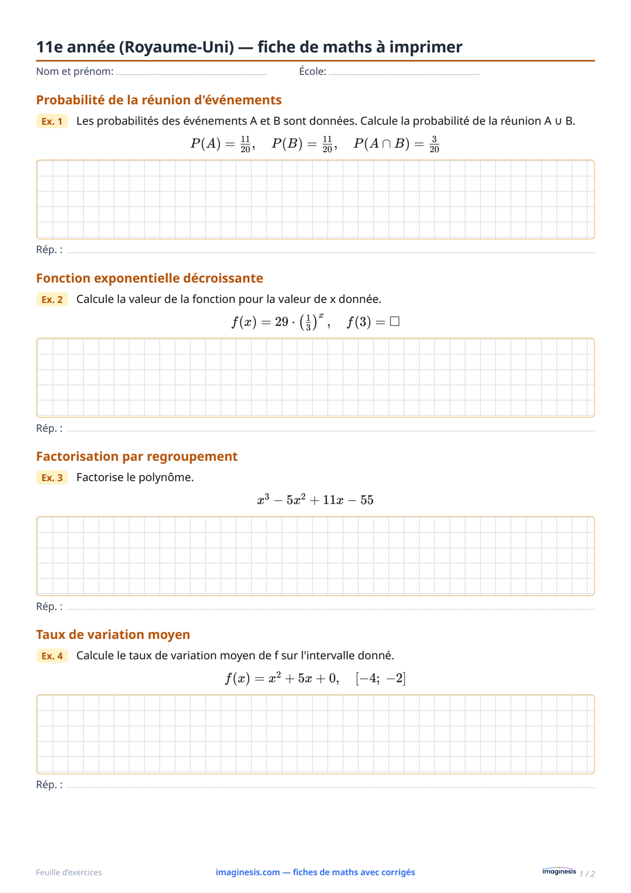 11e année (Royaume-Uni) — fiche de maths à imprimer — Fiche élève : fiche de maths à imprimer (11e année, Royaume-Uni)