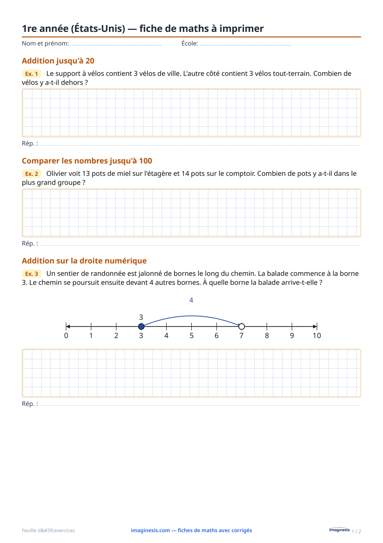 1re année (États-Unis) — fiche de maths à imprimer — Fiche élève : fiche de maths à imprimer (1re année, États-Unis)