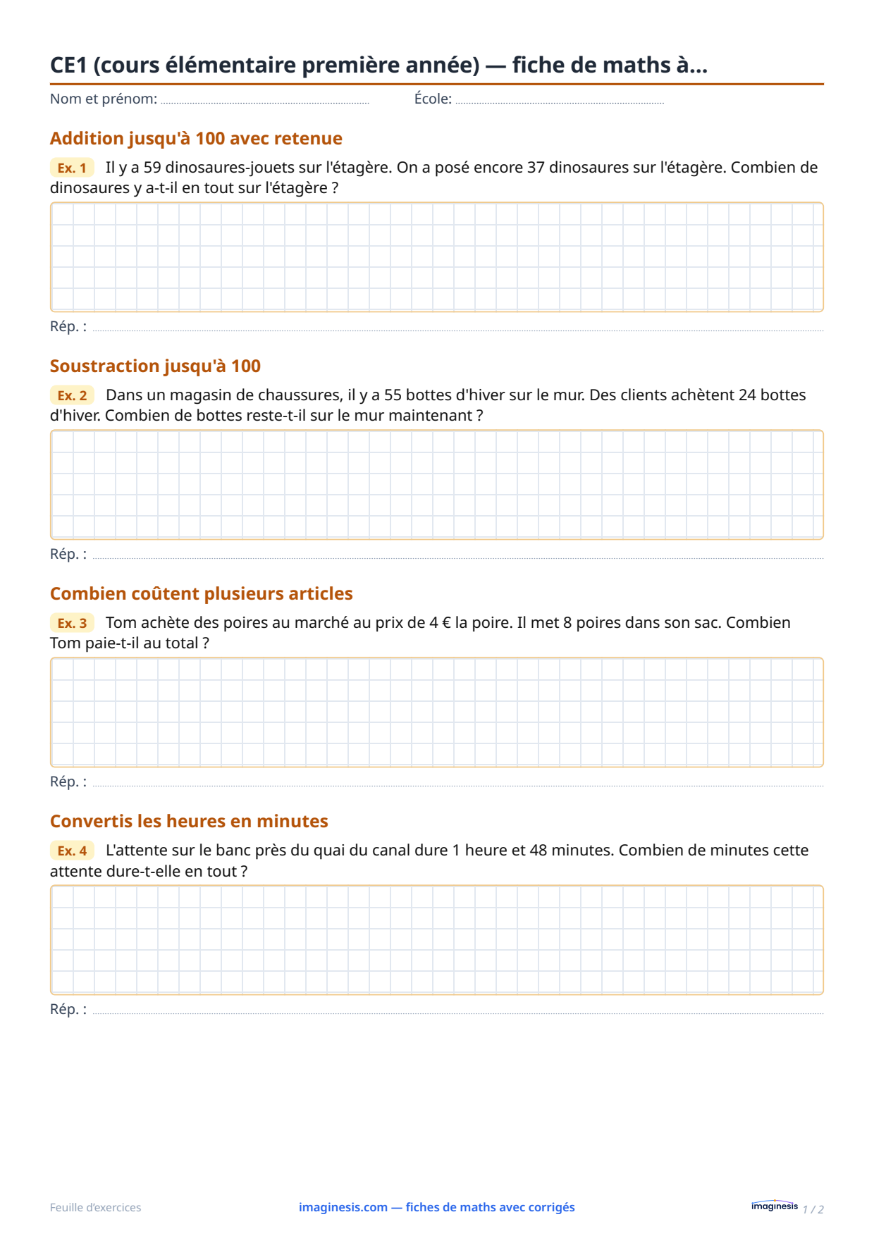 CE1 (cours élémentaire première année) — fiche de maths à… — Fiche élève : fiche de maths à imprimer (CE1 (cours élémentaire première année), France)