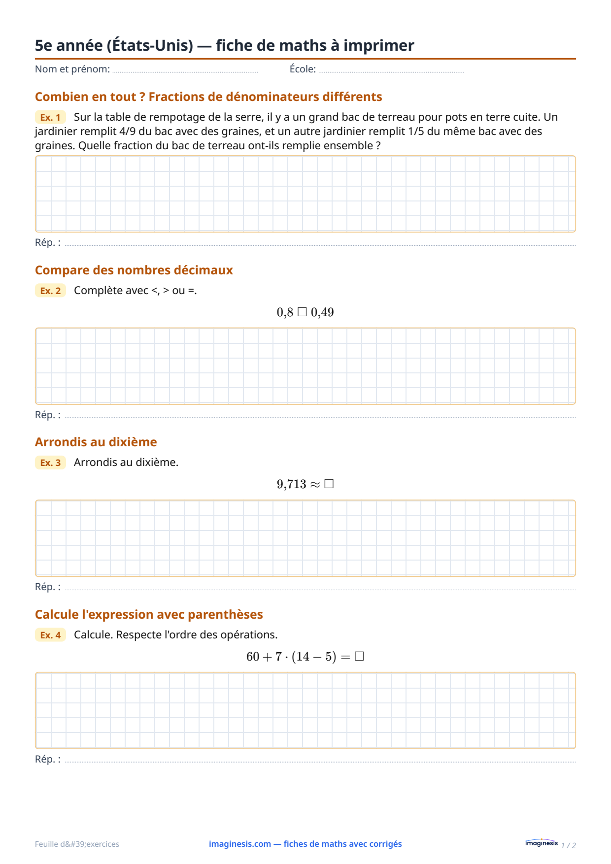 5e année (États-Unis) — fiche de maths à imprimer — Fiche élève : fiche de maths à imprimer (5e année, États-Unis)