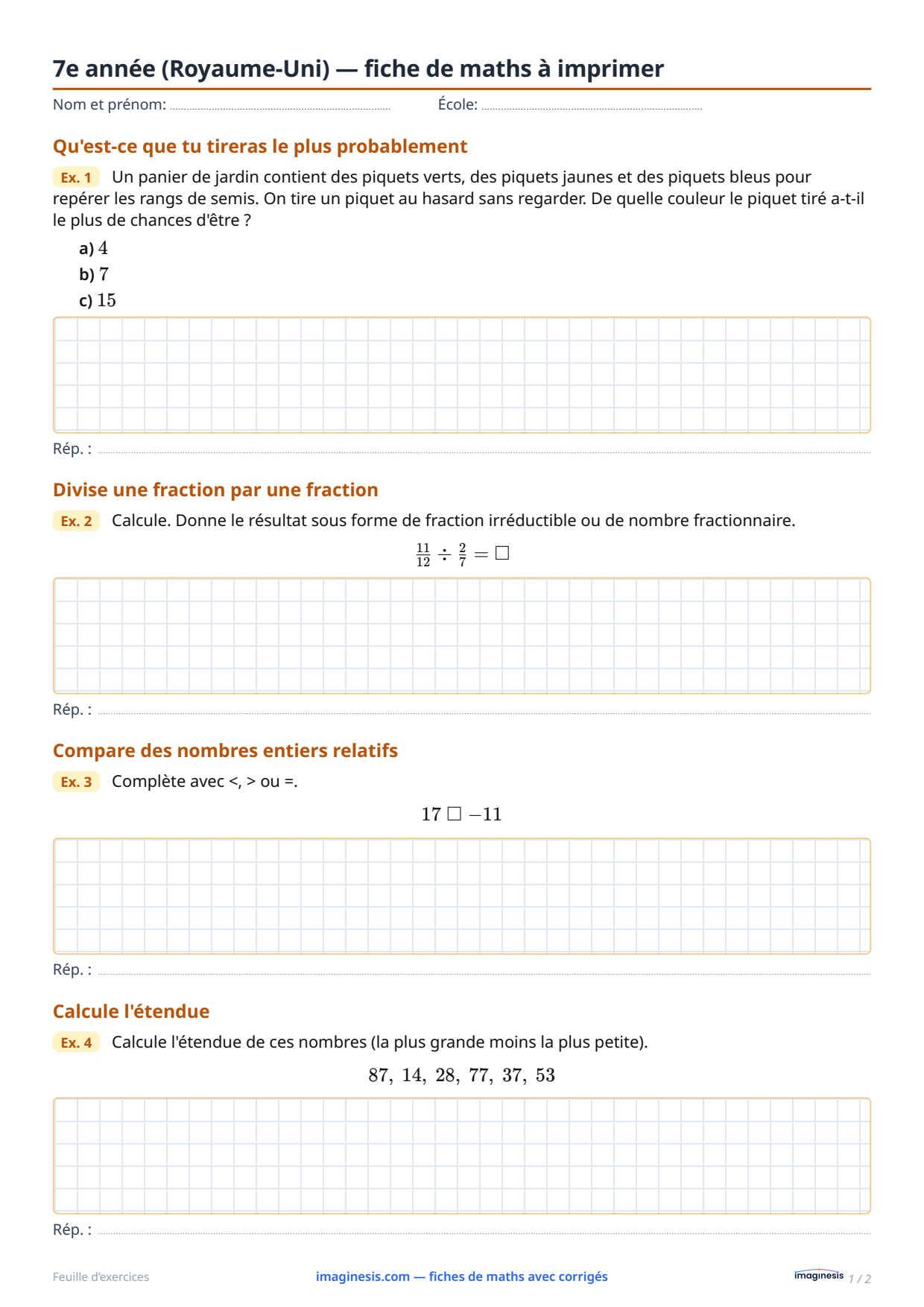 7e année (Royaume-Uni) — fiche de maths à imprimer — Fiche élève : fiche de maths à imprimer (7e année, Royaume-Uni)