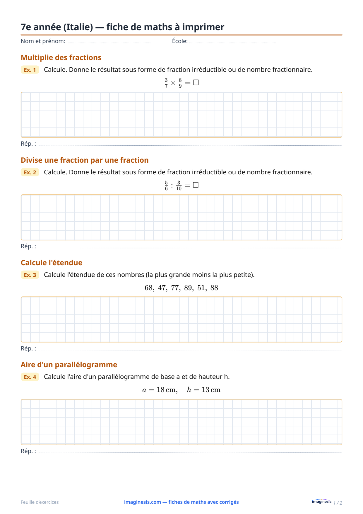 7e année (Italie) — fiche de maths à imprimer — Fiche élève : fiche de maths à imprimer (7e année, Italie)