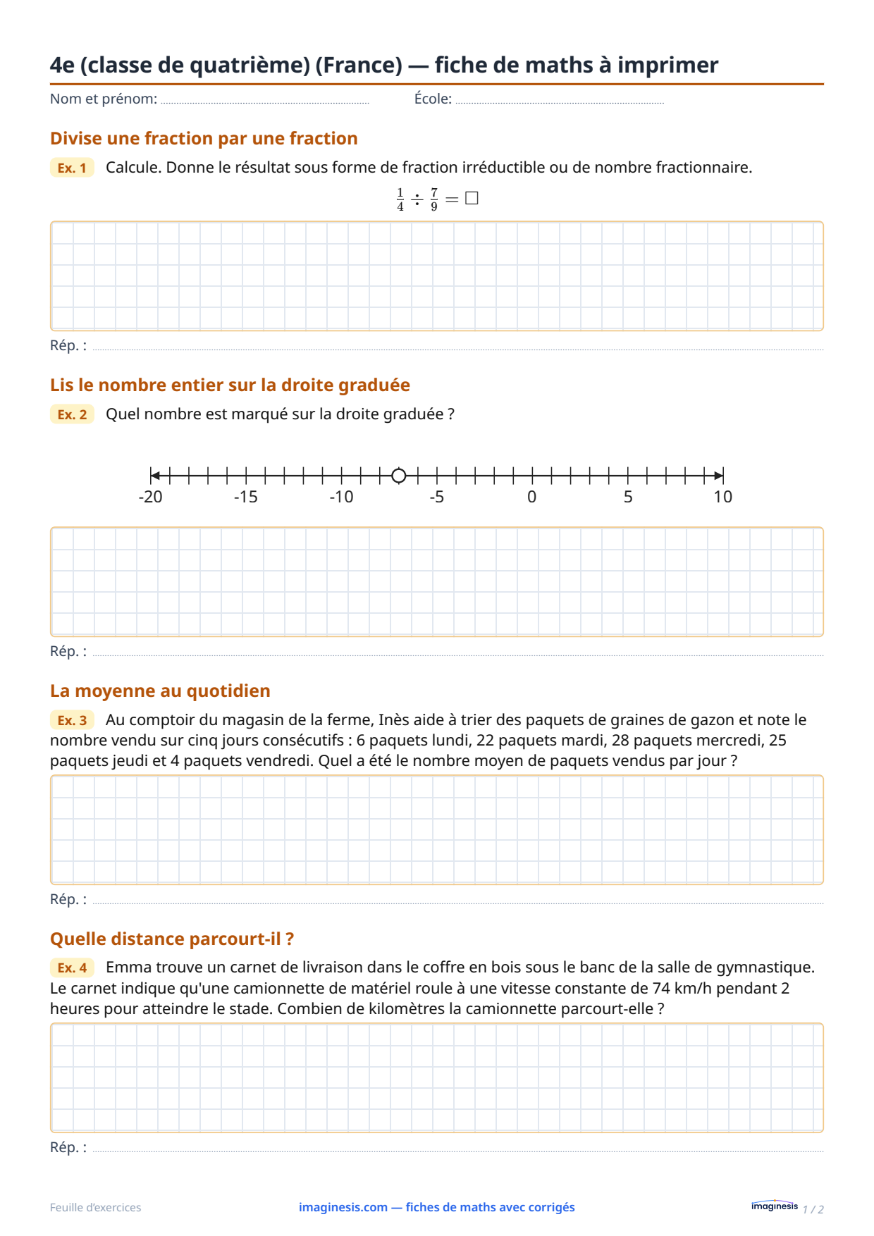 4e (classe de quatrième) (France) — fiche de maths à imprimer — Fiche élève : fiche de maths à imprimer (4e (classe de quatrième), France)