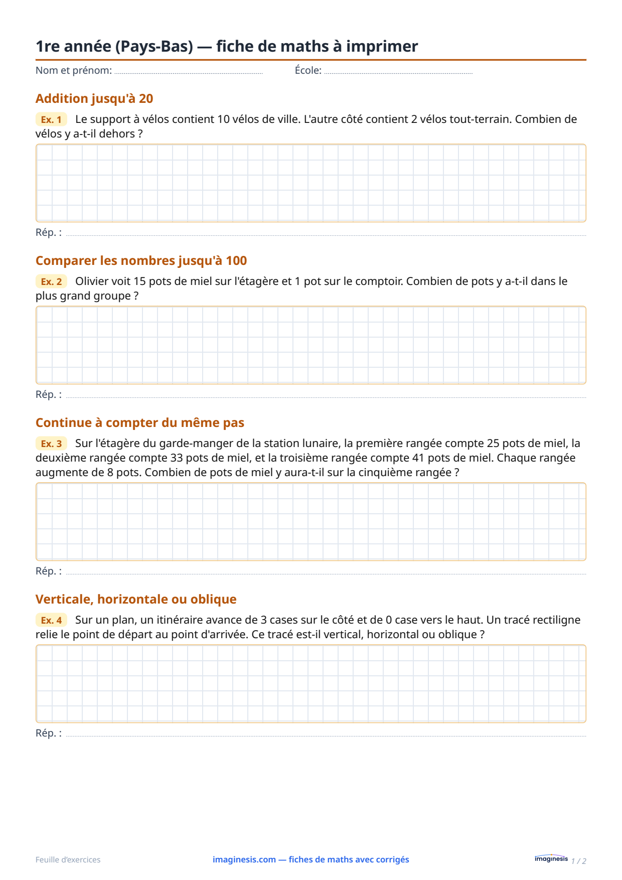 1re année (Pays-Bas) — fiche de maths à imprimer — Fiche élève : fiche de maths à imprimer (1re année, Pays-Bas)