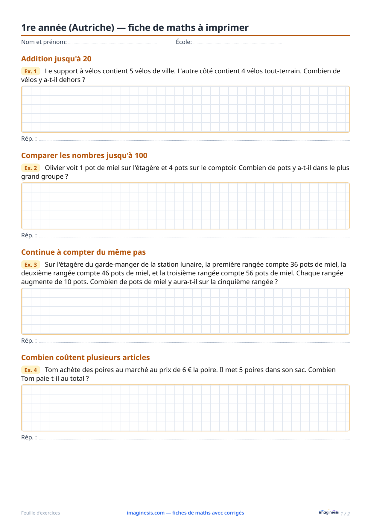 1re année (Autriche) — fiche de maths à imprimer — Fiche élève : fiche de maths à imprimer (1re année, Autriche)