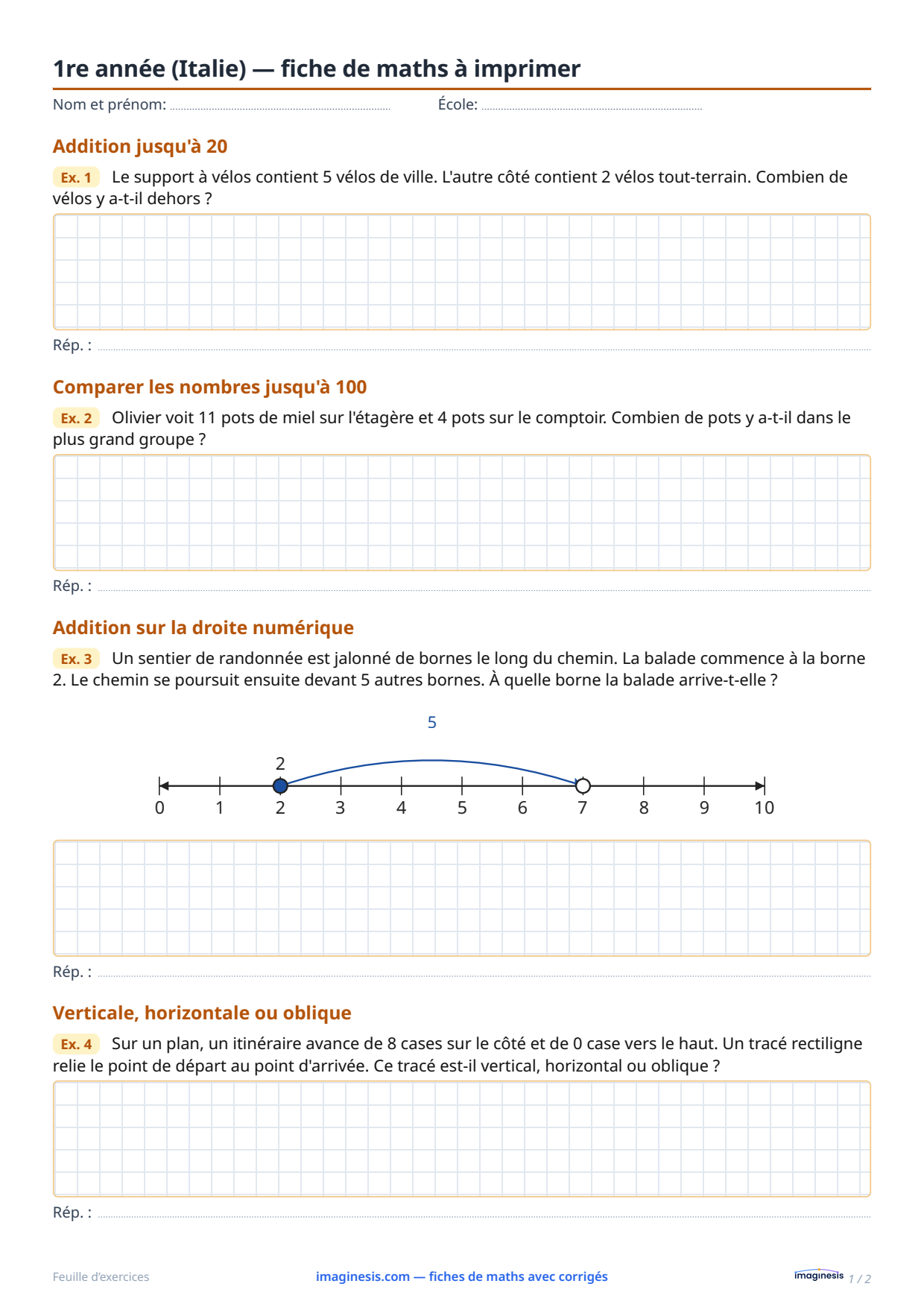 1re année (Italie) — fiche de maths à imprimer — Fiche élève : fiche de maths à imprimer (1re année, Italie)