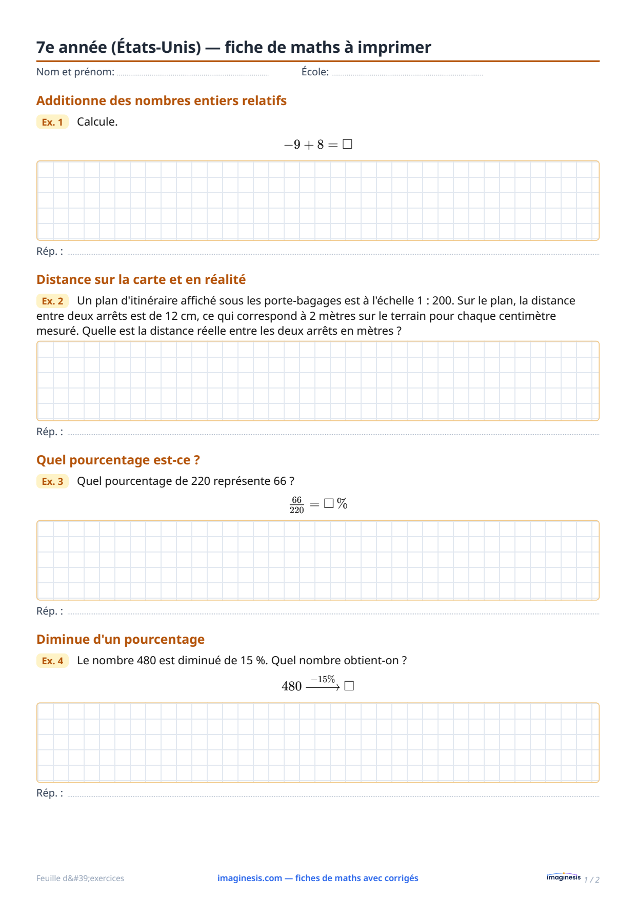 7e année (États-Unis) — fiche de maths à imprimer — Fiche élève : fiche de maths à imprimer (7e année, États-Unis)