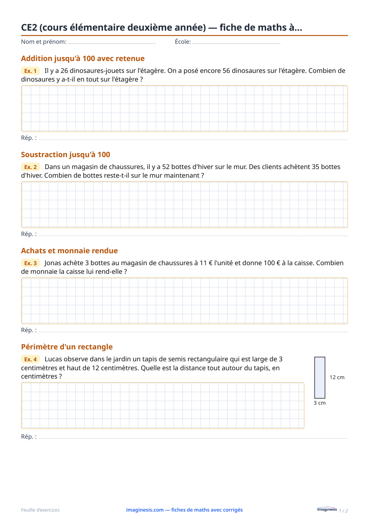 CE2 (cours élémentaire deuxième année) — fiche de maths à… — Fiche élève : fiche de maths à imprimer (CE2 (cours élémentaire deuxième année), France)