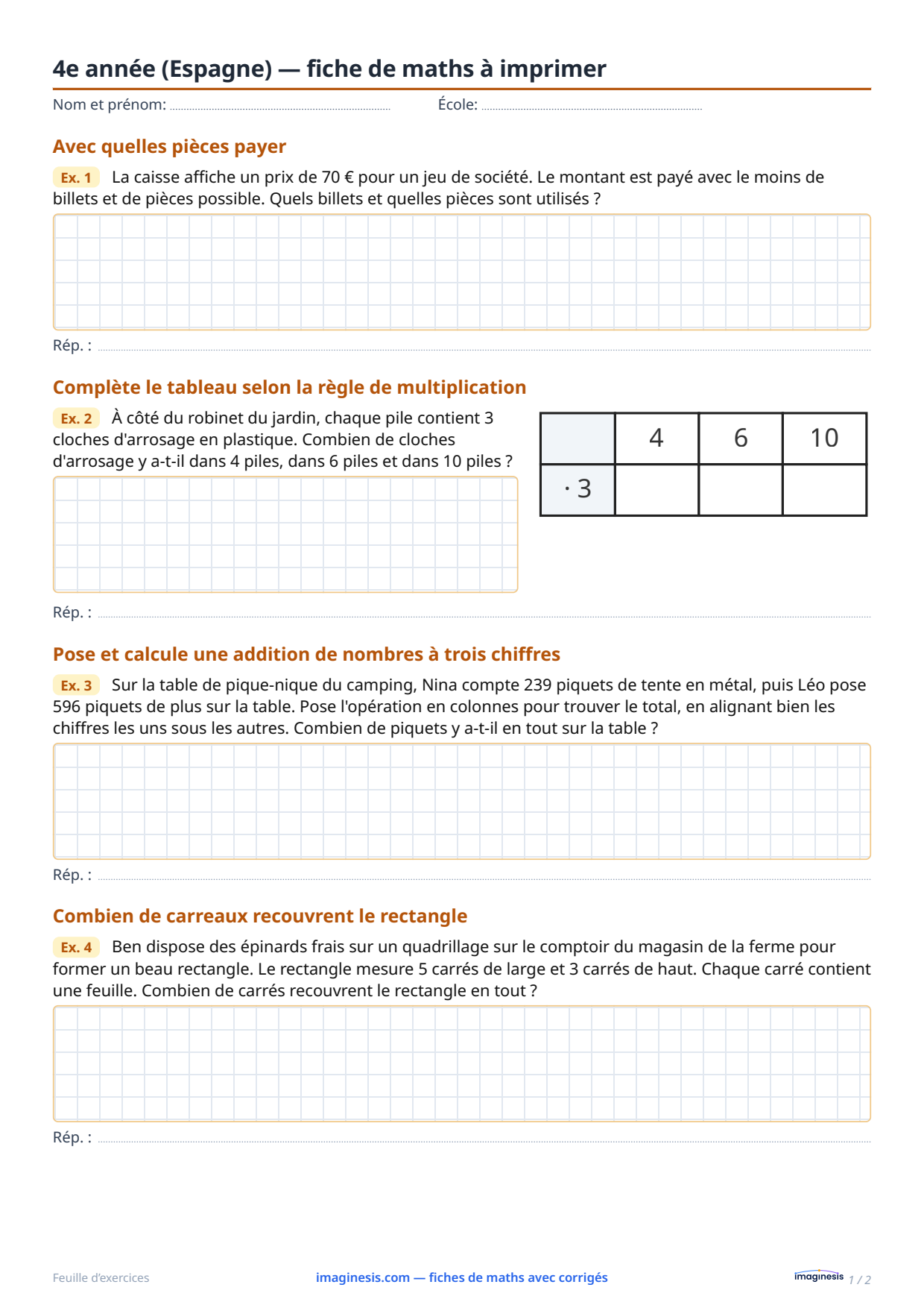 4e année (Espagne) — fiche de maths à imprimer — Fiche élève : fiche de maths à imprimer (4e année, Espagne)