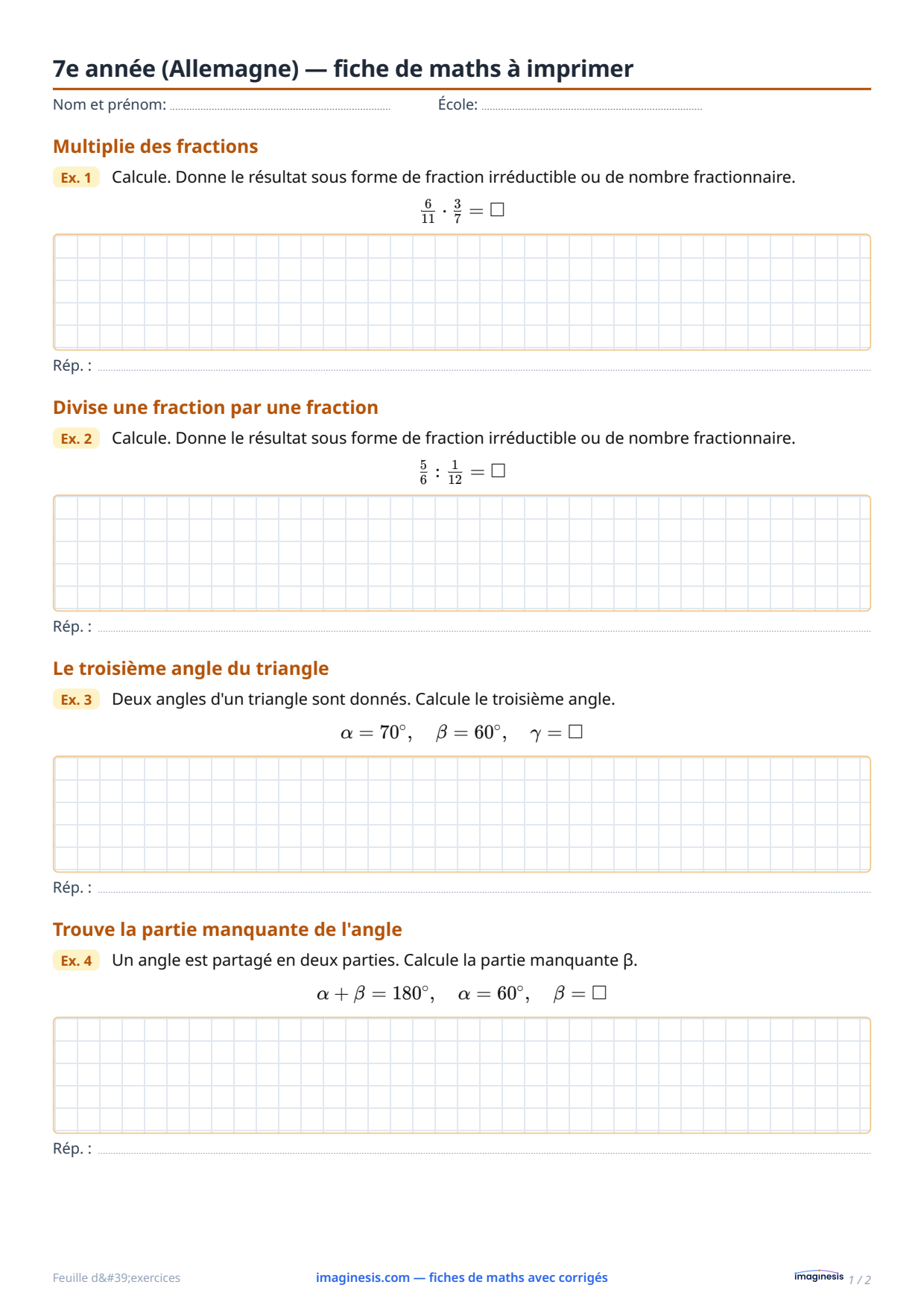 7e année (Allemagne) — fiche de maths à imprimer — Fiche élève : fiche de maths à imprimer (7e année, Allemagne)