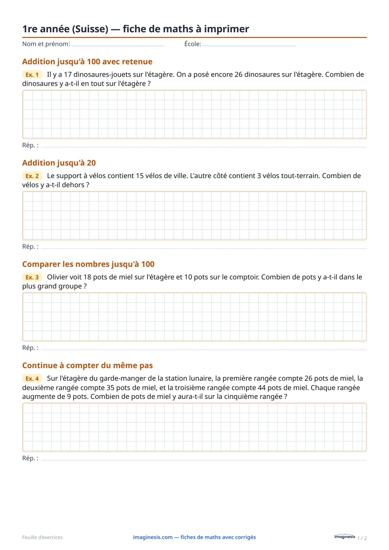 1re année (Suisse) — fiche de maths à imprimer — Fiche élève : fiche de maths à imprimer (1re année, Suisse)