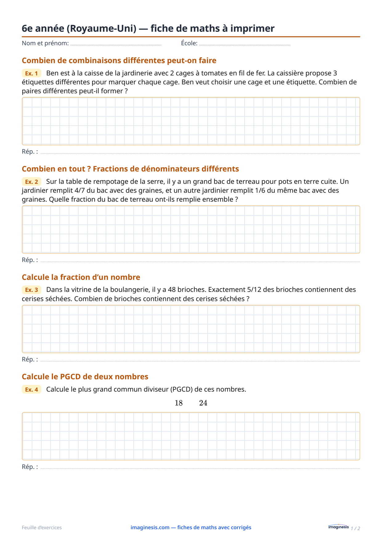 6e année (Royaume-Uni) — fiche de maths à imprimer — Fiche élève : fiche de maths à imprimer (6e année, Royaume-Uni)