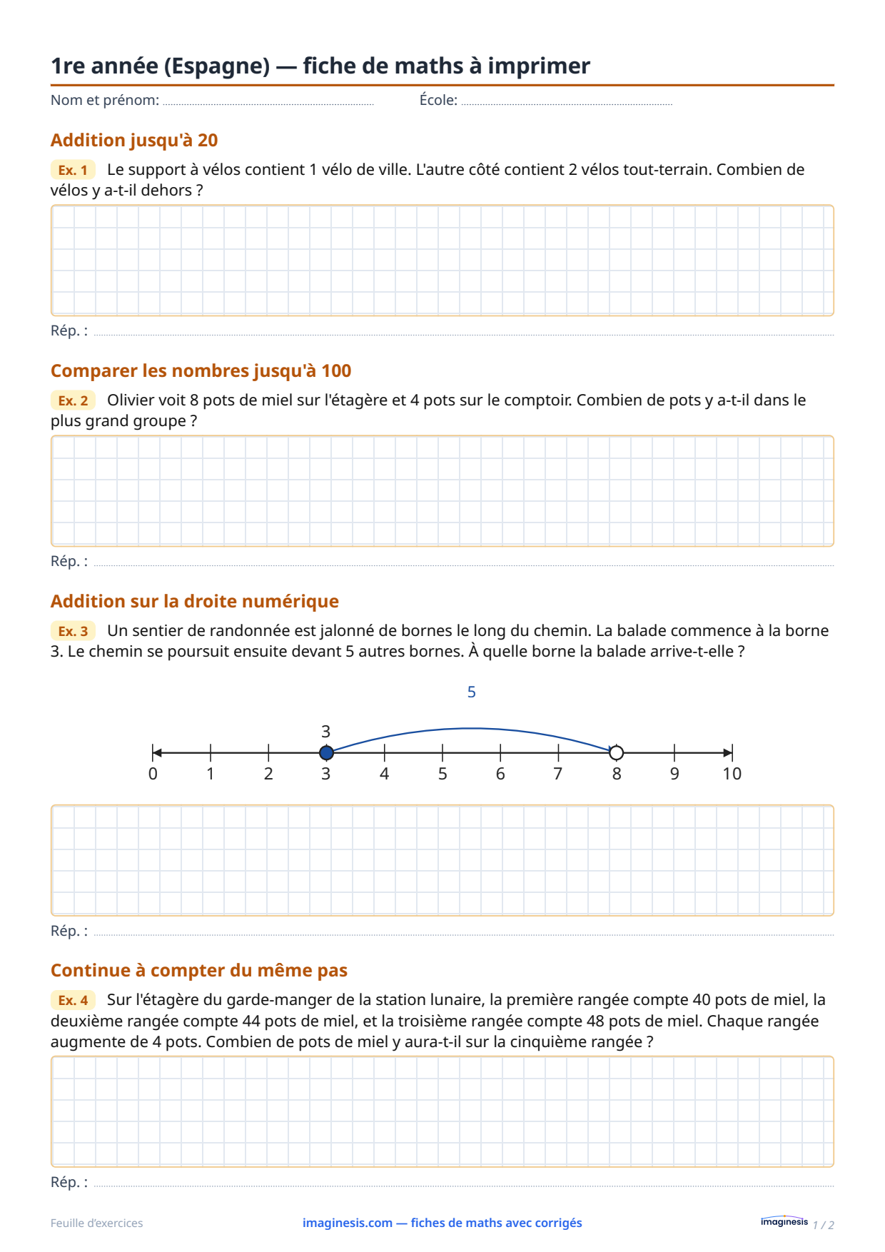 1re année (Espagne) — fiche de maths à imprimer — Fiche élève : fiche de maths à imprimer (1re année, Espagne)