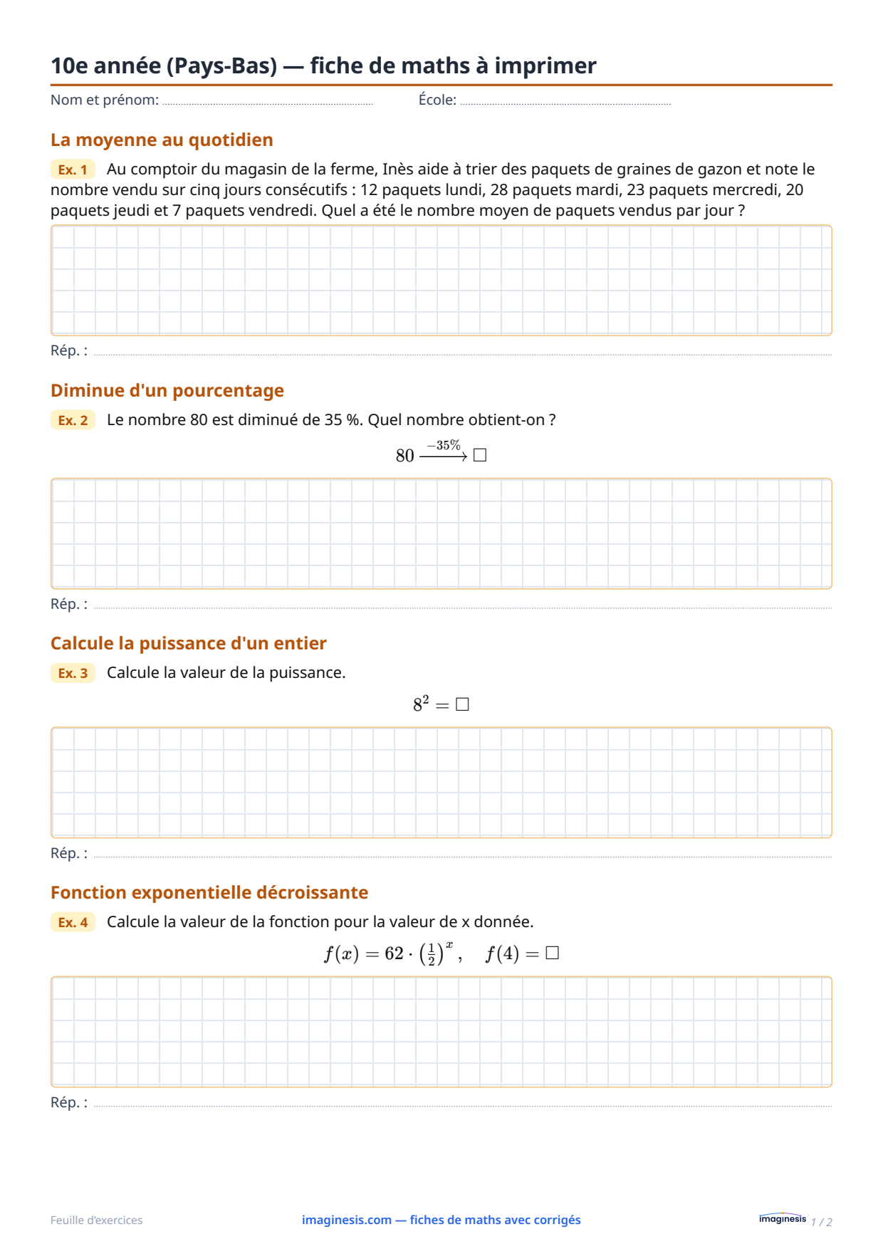 10e année (Pays-Bas) — fiche de maths à imprimer — Fiche élève : fiche de maths à imprimer (10e année, Pays-Bas)