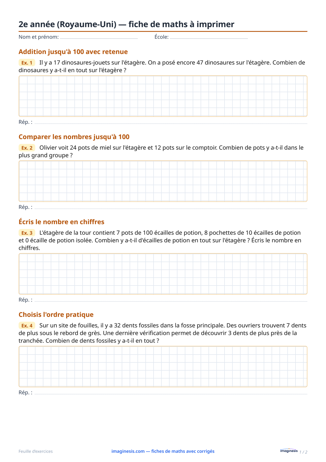 2e année (Royaume-Uni) — fiche de maths à imprimer — Fiche élève : fiche de maths à imprimer (2e année, Royaume-Uni)