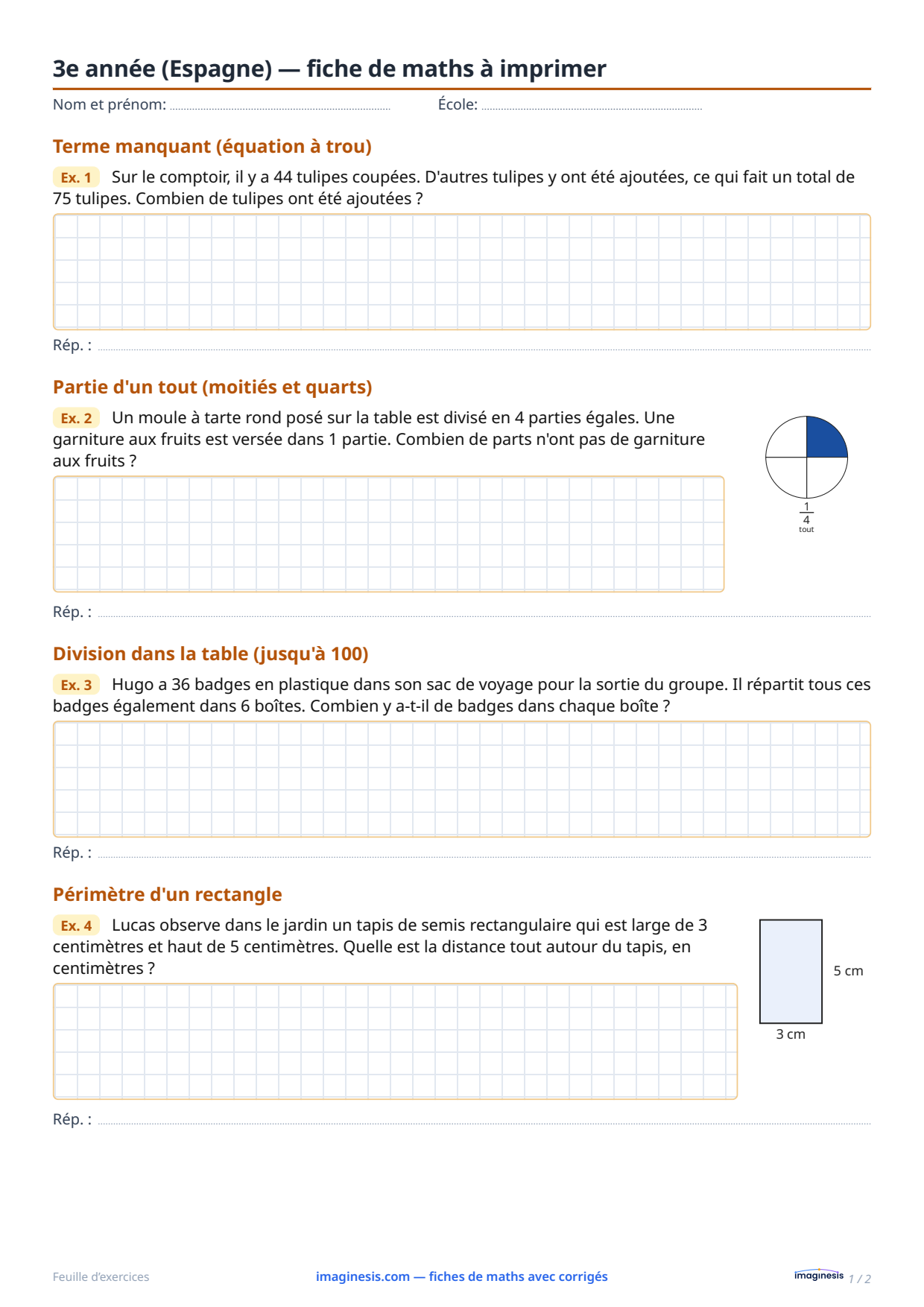 3e année (Espagne) — fiche de maths à imprimer — Fiche élève : fiche de maths à imprimer (3e année, Espagne)
