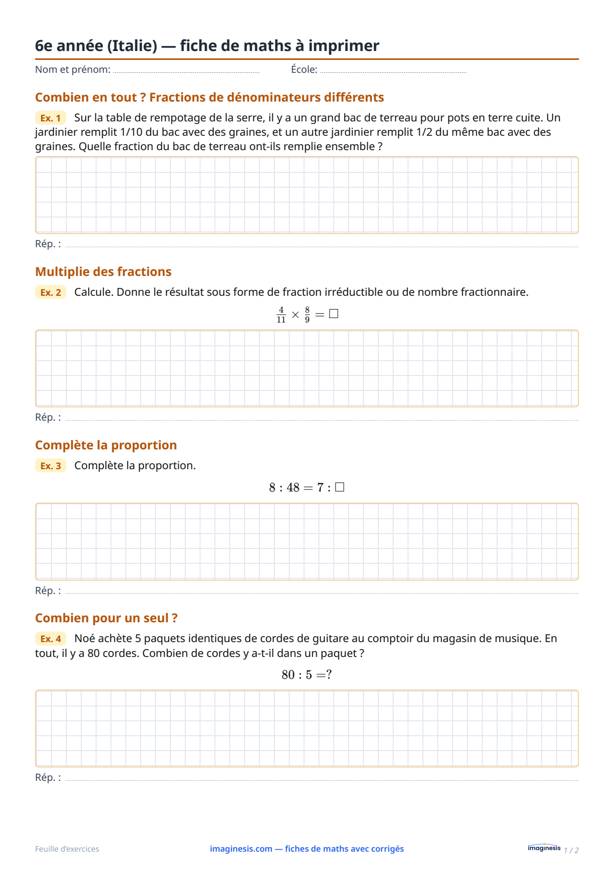 6e année (Italie) — fiche de maths à imprimer — Fiche élève : fiche de maths à imprimer (6e année, Italie)
