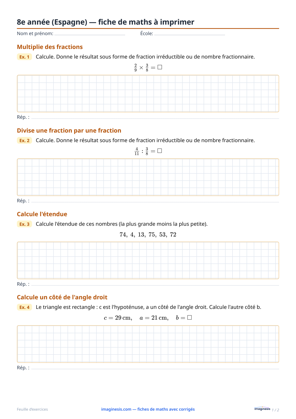 8e année (Espagne) — fiche de maths à imprimer — Fiche élève : fiche de maths à imprimer (8e année, Espagne)