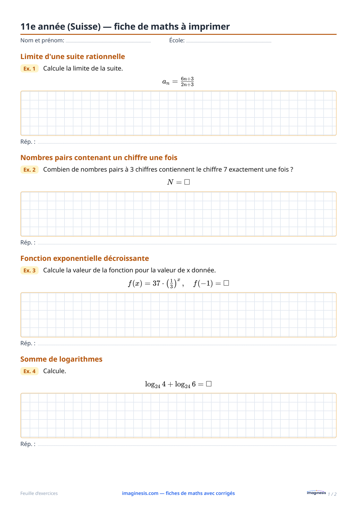 11e année (Suisse) — fiche de maths à imprimer — Fiche élève : fiche de maths à imprimer (11e année, Suisse)