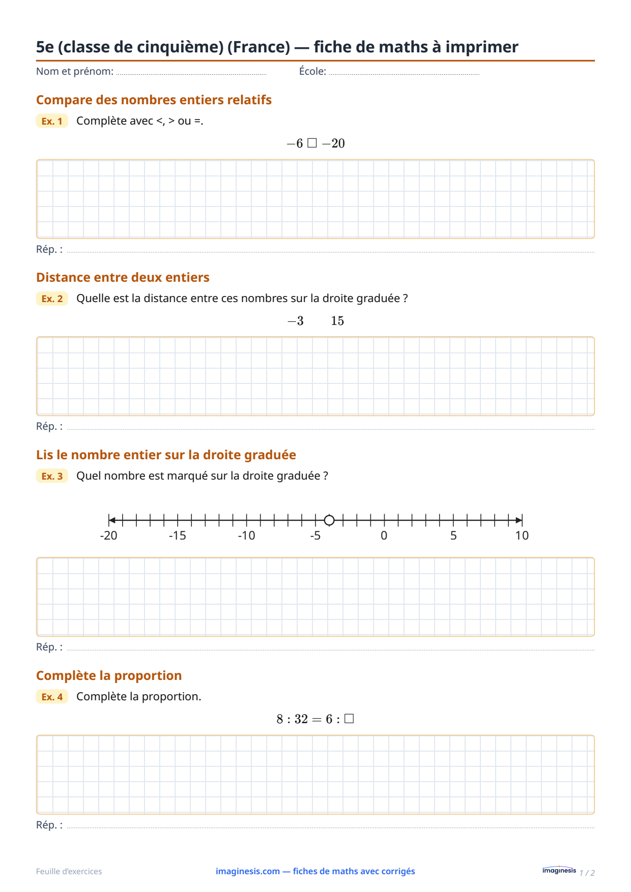 5e (classe de cinquième) (France) — fiche de maths à imprimer — Fiche élève : fiche de maths à imprimer (5e (classe de cinquième), France)