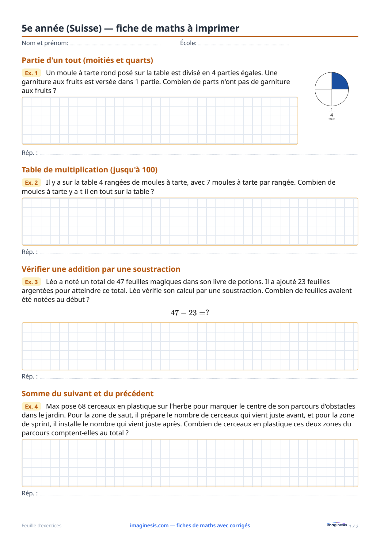 5e année (Suisse) — fiche de maths à imprimer — Fiche élève : fiche de maths à imprimer (5e année, Suisse)