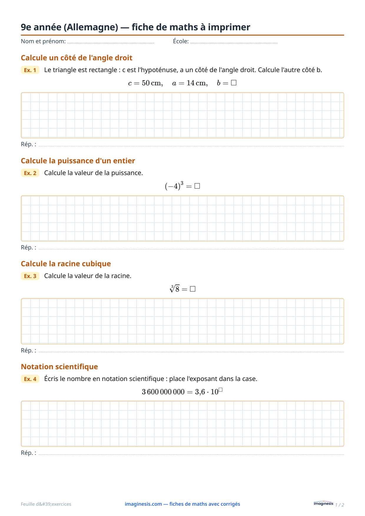 9e année (Allemagne) — fiche de maths à imprimer — Fiche élève : fiche de maths à imprimer (9e année, Allemagne)