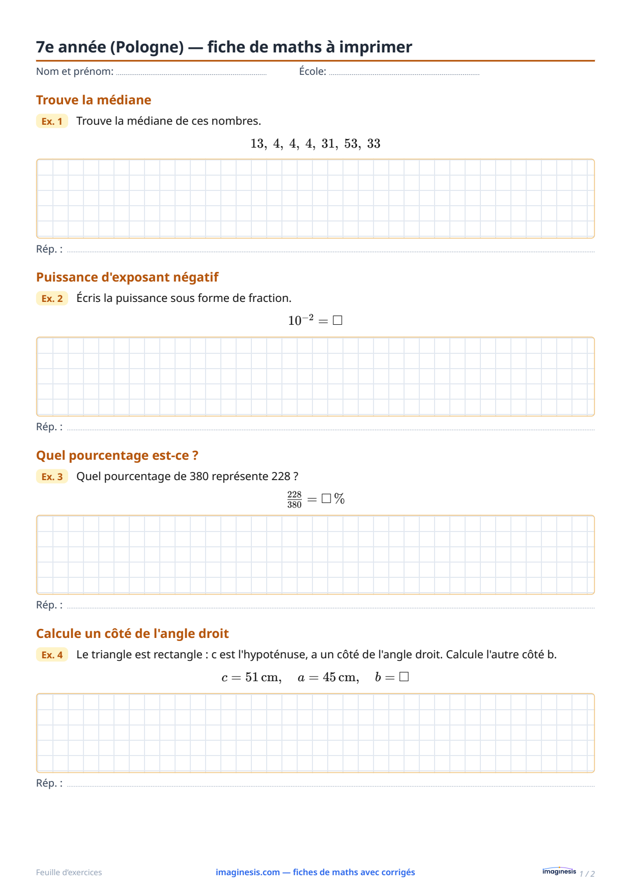 7e année (Pologne) — fiche de maths à imprimer — Fiche élève : fiche de maths à imprimer (7e année, Pologne)