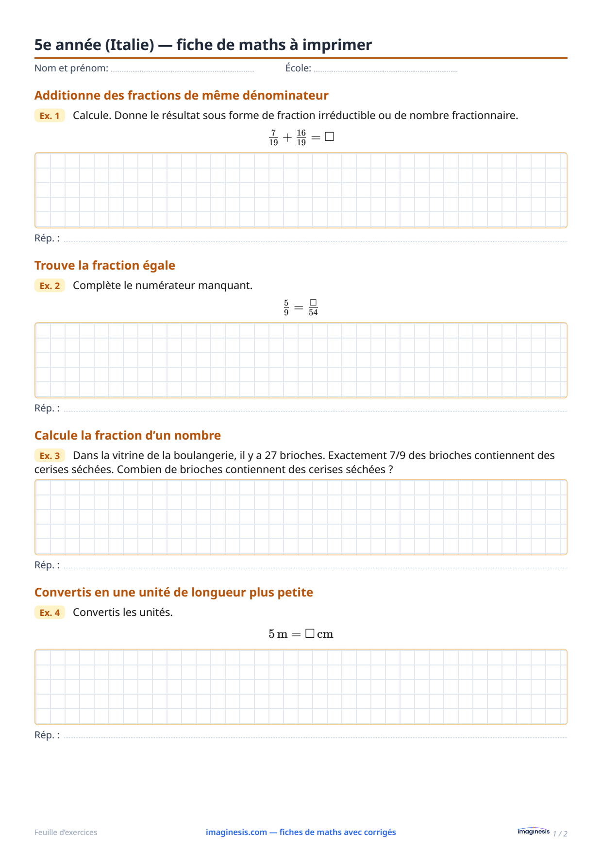 5e année (Italie) — fiche de maths à imprimer — Fiche élève : fiche de maths à imprimer (5e année, Italie)