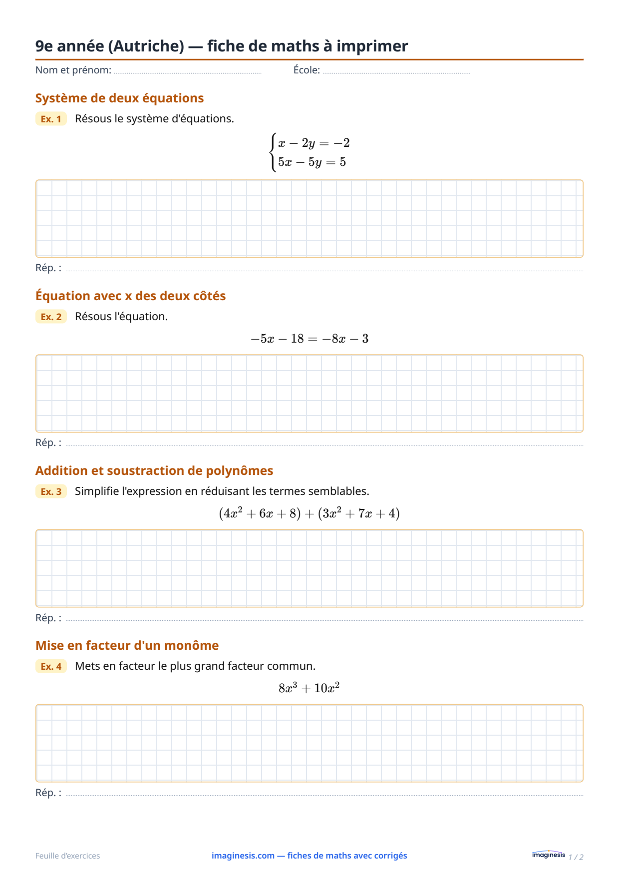 9e année (Autriche) — fiche de maths à imprimer — Fiche élève : fiche de maths à imprimer (9e année, Autriche)