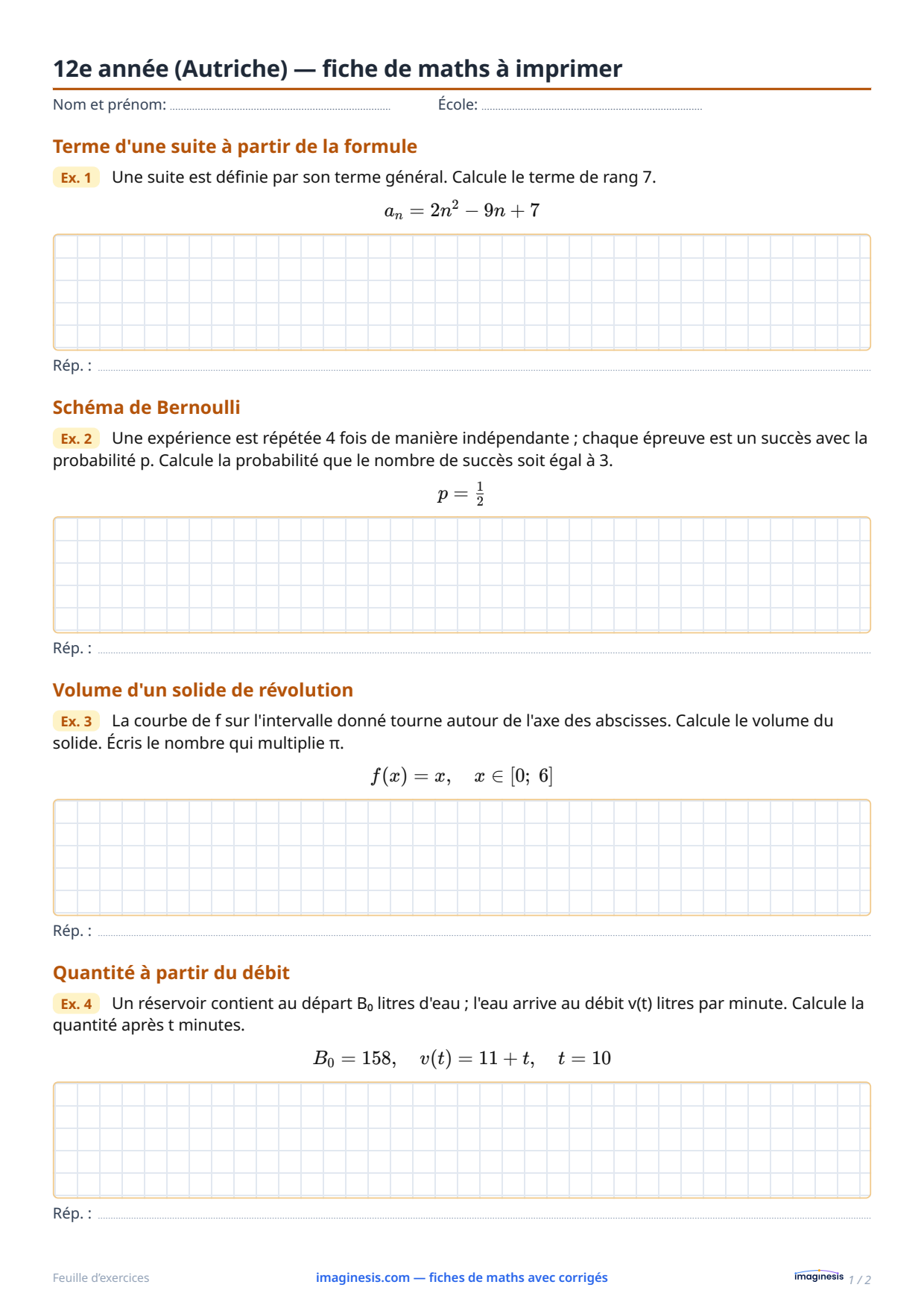 12e année (Autriche) — fiche de maths à imprimer — Fiche élève : fiche de maths à imprimer (12e année, Autriche)