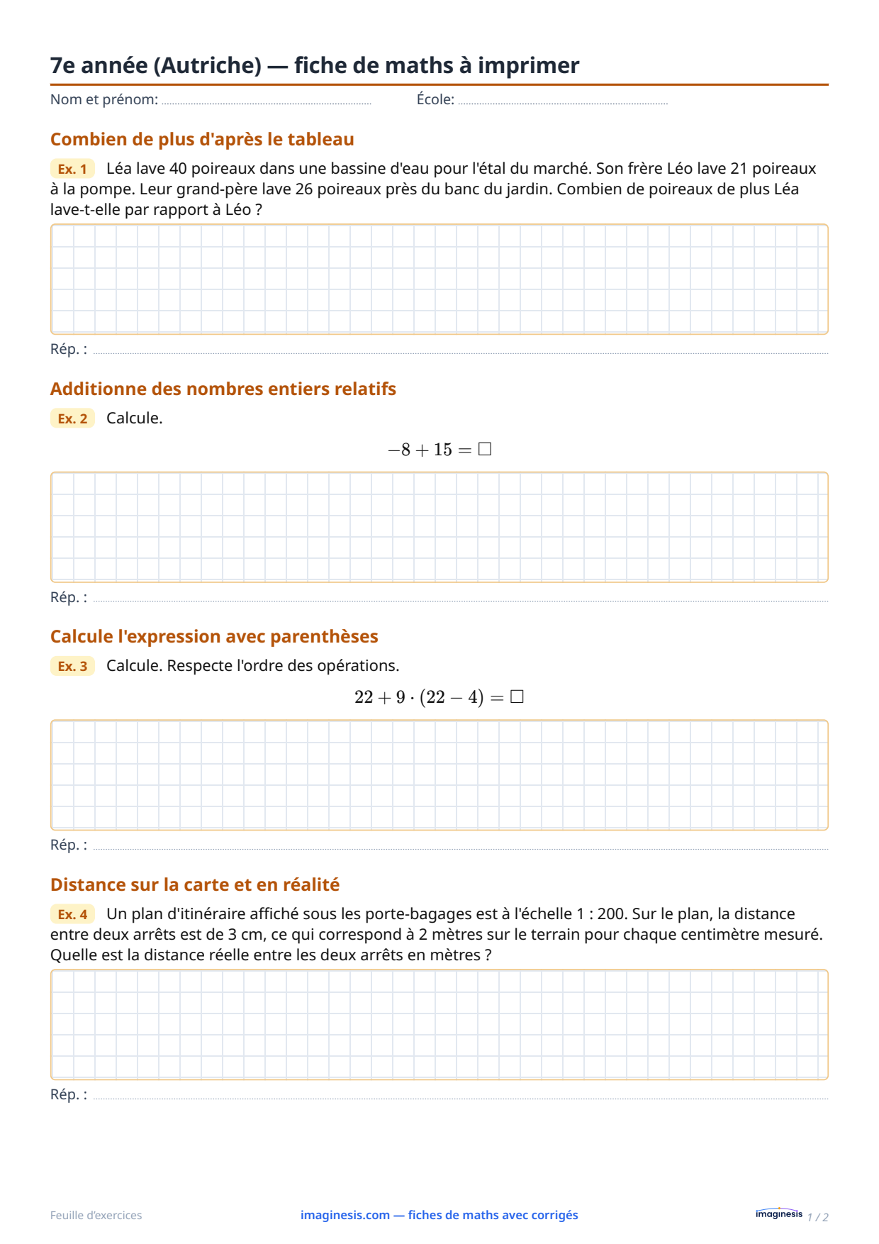 7e année (Autriche) — fiche de maths à imprimer — Fiche élève : fiche de maths à imprimer (7e année, Autriche)