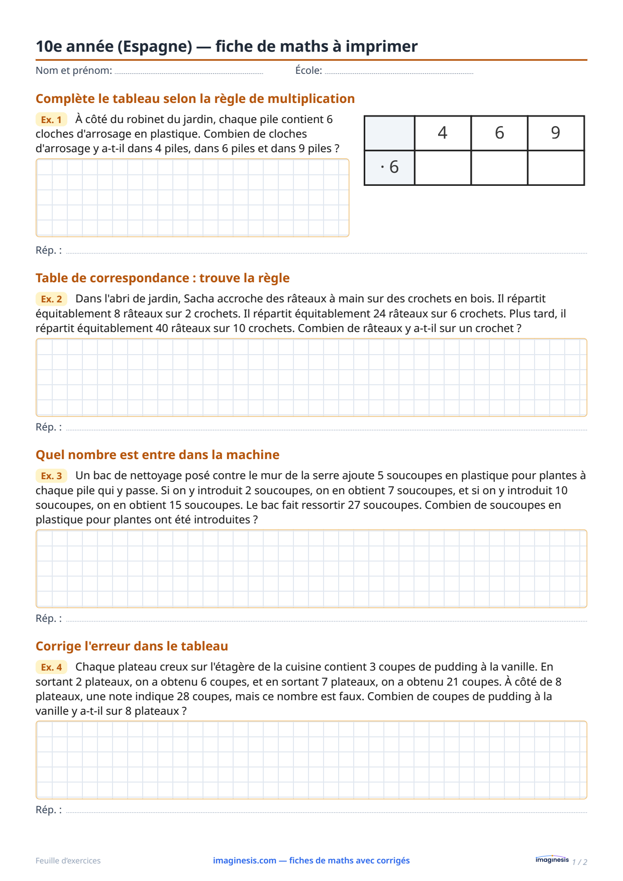10e année (Espagne) — fiche de maths à imprimer — Fiche élève : fiche de maths à imprimer (10e année, Espagne)