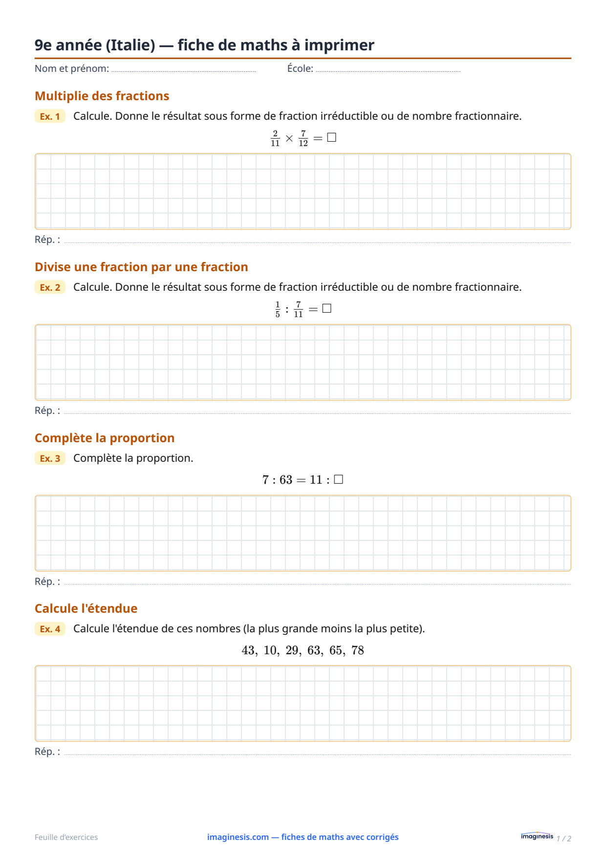 9e année (Italie) — fiche de maths à imprimer — Fiche élève : fiche de maths à imprimer (9e année, Italie)